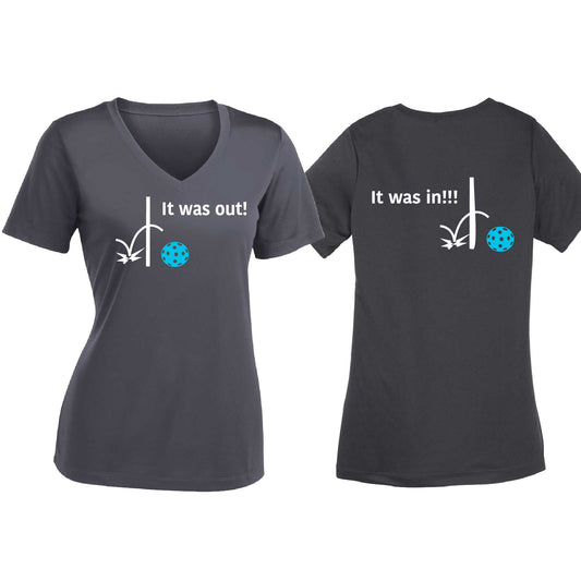 It Was Out! It Was In! (Pickleballs Cyan Green Orange) | Women's Short Sleeve V-Neck Pickleball T-Shirts | 100% Polyester