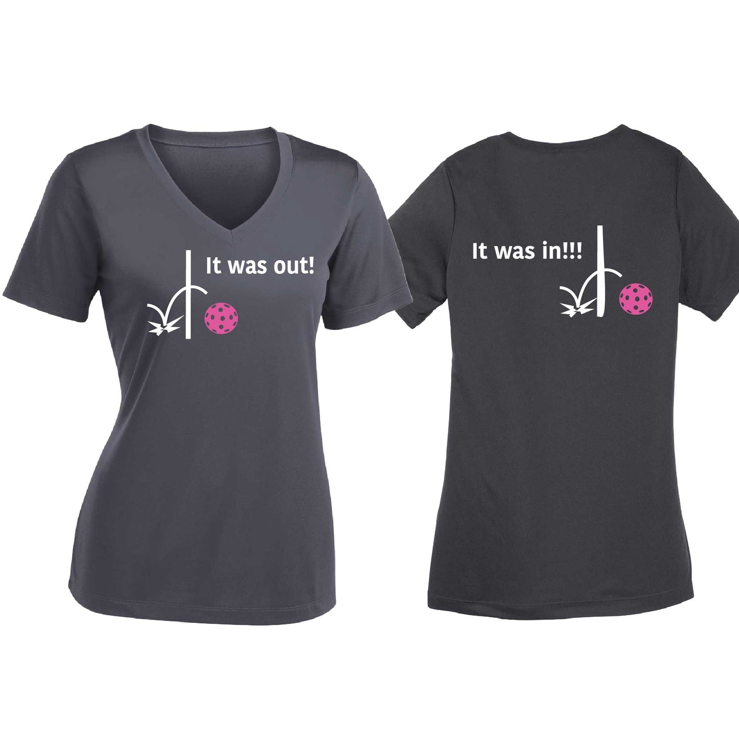 It Was Out! It Was In! (Pickleballs Pink Purple Rainbow) | Women's Short Sleeve V-Neck Pickleball T-Shirts | 100% Polyester