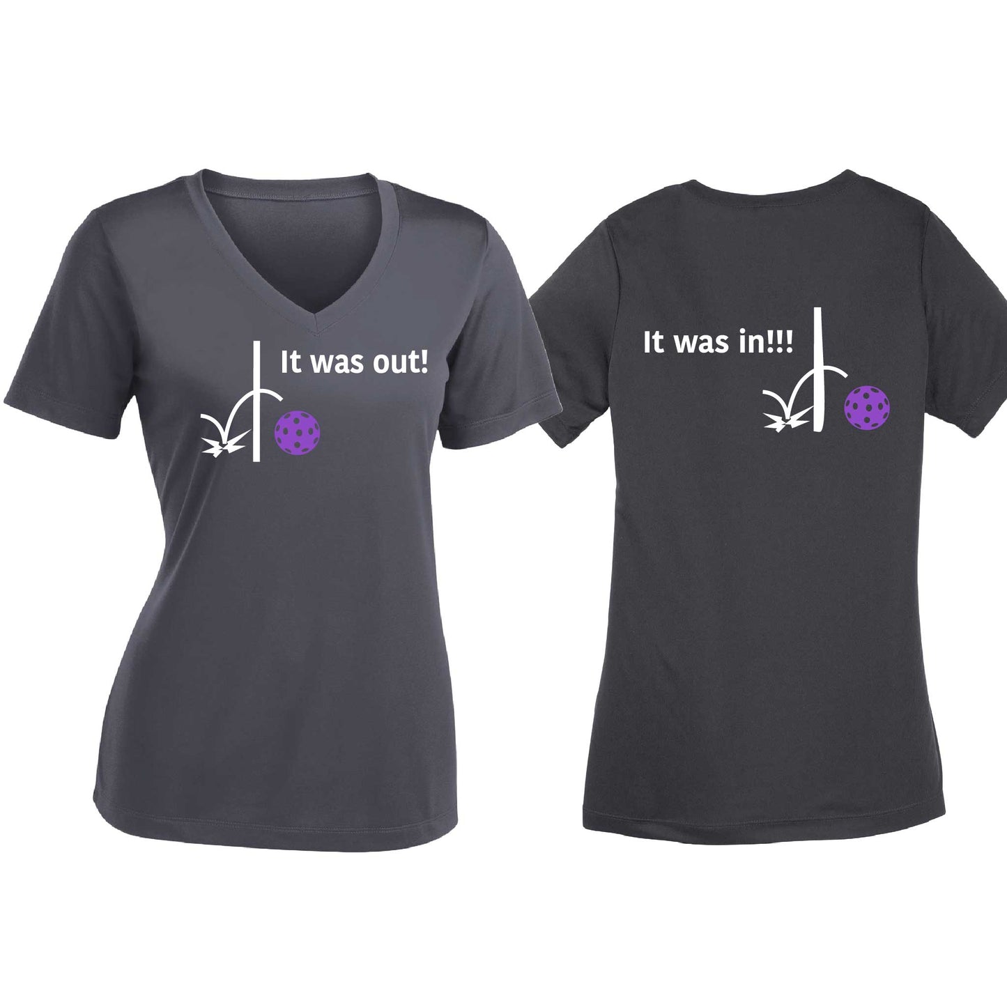 It Was Out! It Was In! (Pickleballs Pink Purple Rainbow) | Women's Short Sleeve V-Neck Pickleball T-Shirts | 100% Polyester