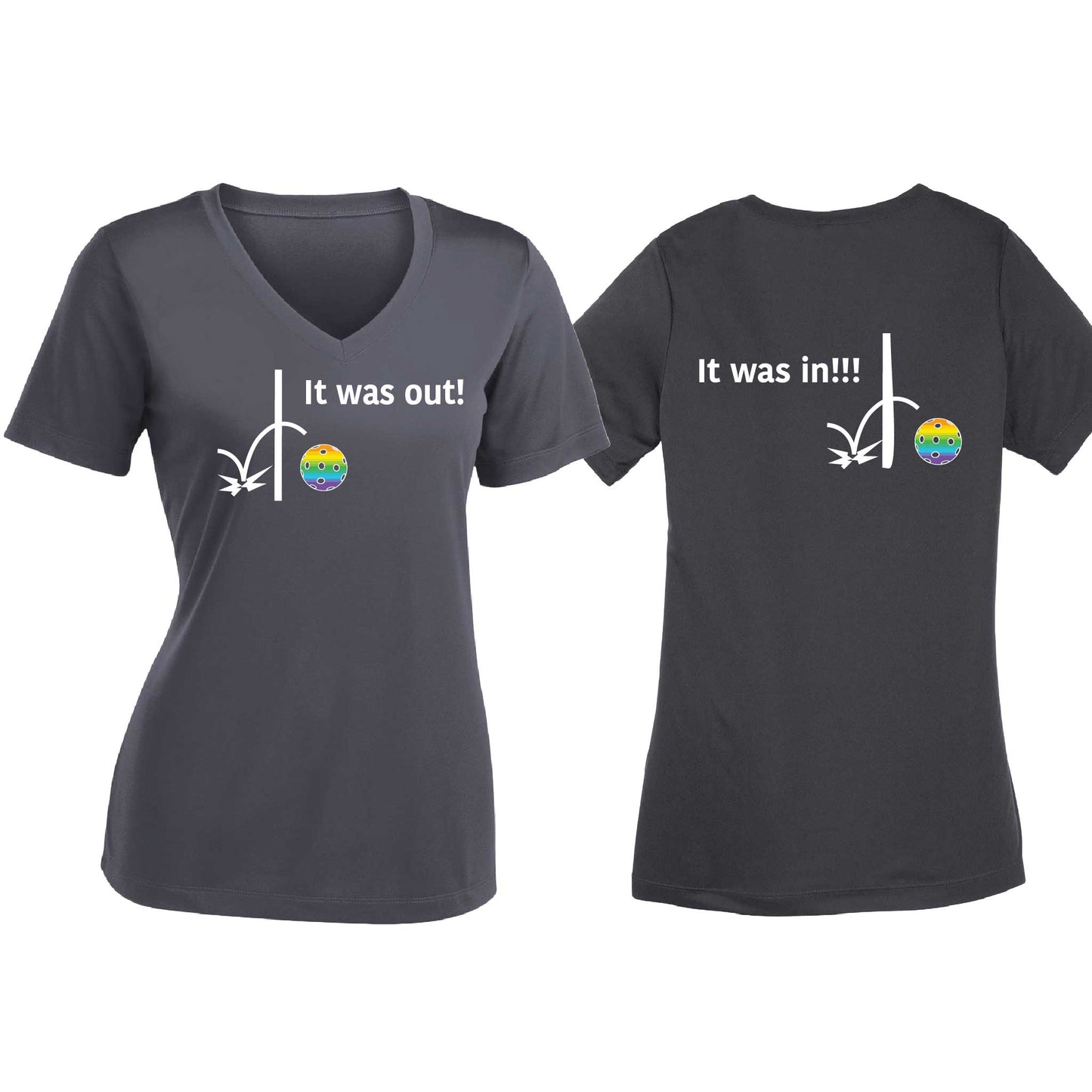It Was Out! It Was In! (Pickleballs Pink Purple Rainbow) | Women's Short Sleeve V-Neck Pickleball T-Shirts | 100% Polyester