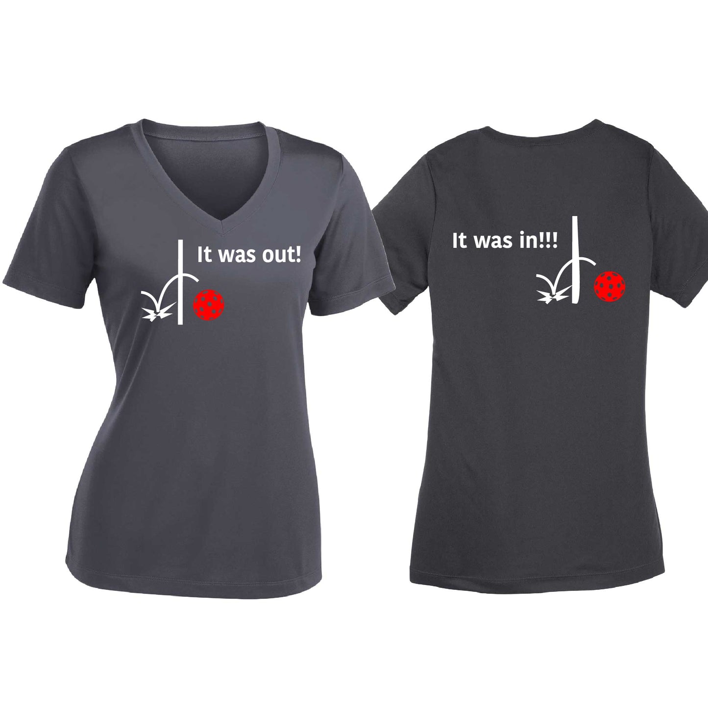 It Was Out! It Was In! (Pickleballs Red White Yellow) | Women's Short Sleeve V-Neck Pickleball T-Shirts | 100% Polyester
