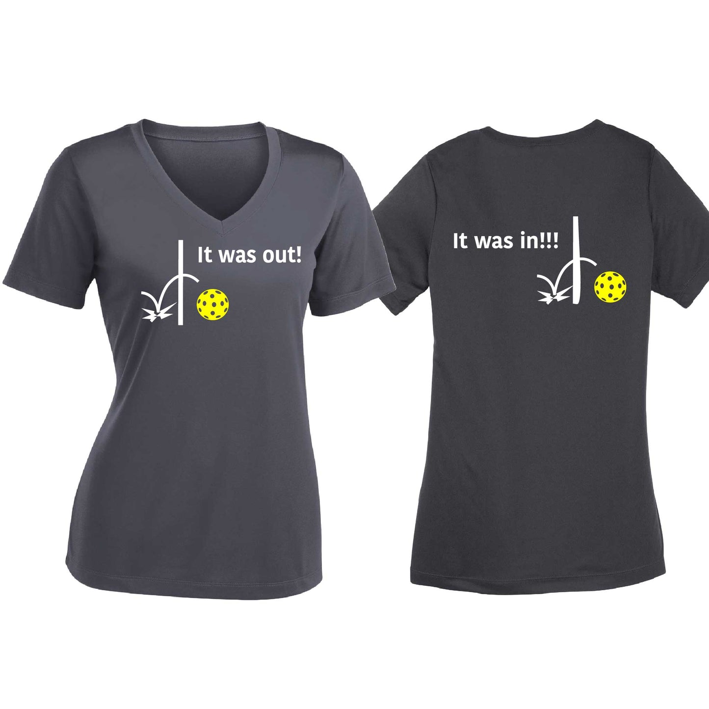 It Was Out! It Was In! (Pickleballs Red White Yellow) | Women's Short Sleeve V-Neck Pickleball T-Shirts | 100% Polyester