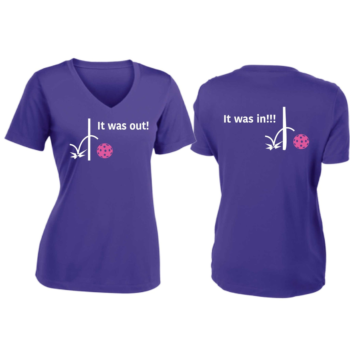 It Was Out! It Was In! (Pickleballs Pink Purple Rainbow) | Women's Short Sleeve V-Neck Pickleball T-Shirts | 100% Polyester