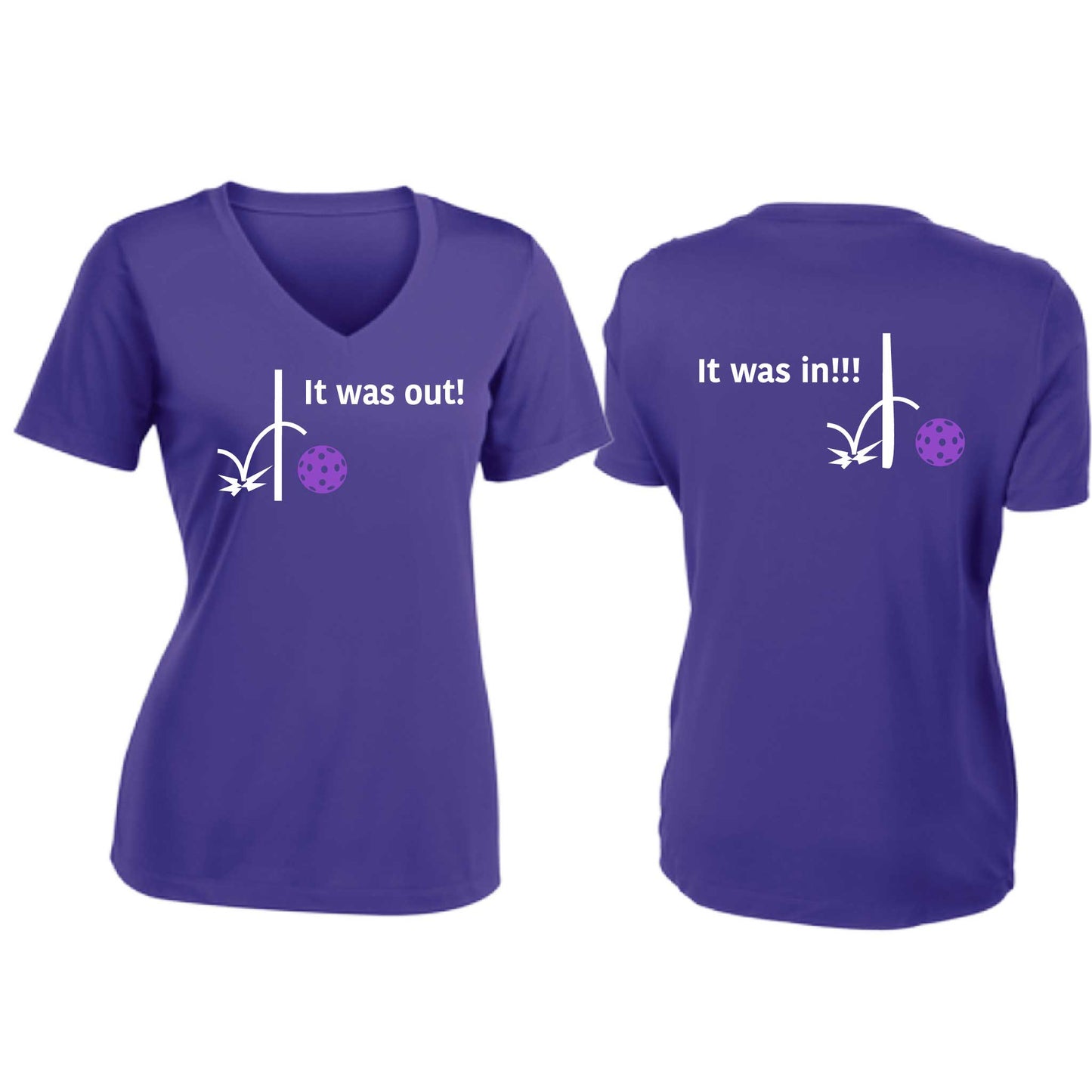 It Was Out! It Was In! (Pickleballs Pink Purple Rainbow) | Women's Short Sleeve V-Neck Pickleball T-Shirts | 100% Polyester