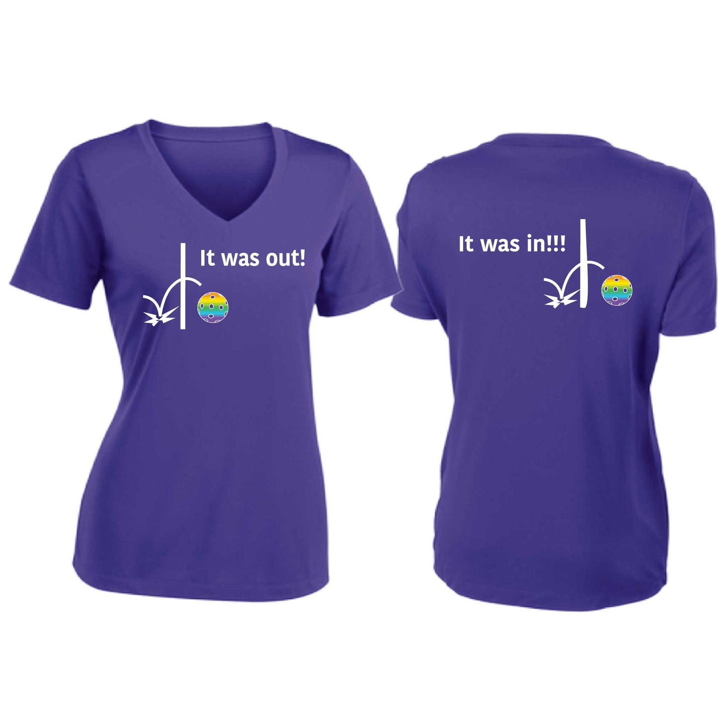 It Was Out! It Was In! (Pickleballs Pink Purple Rainbow) | Women's Short Sleeve V-Neck Pickleball T-Shirts | 100% Polyester