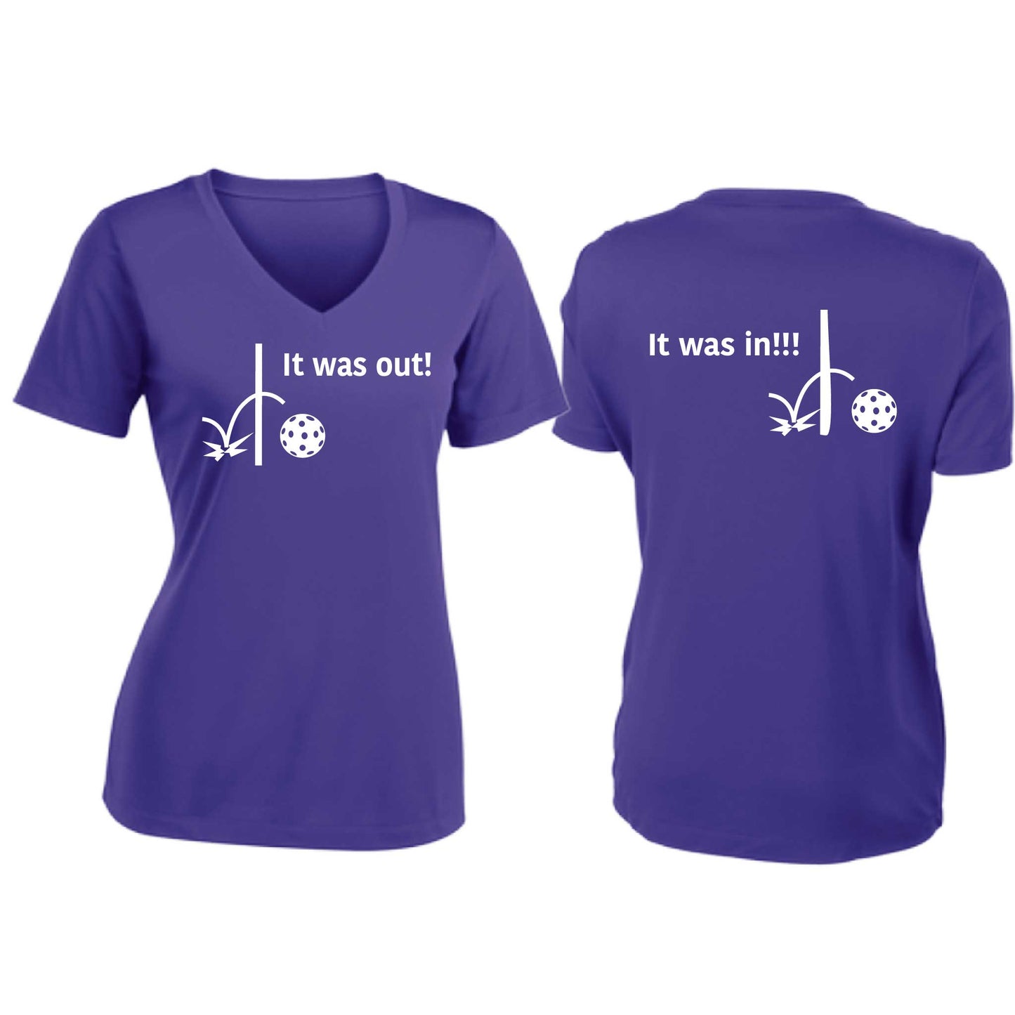 It Was Out! It Was In! (Pickleballs Red White Yellow) | Women's Short Sleeve V-Neck Pickleball T-Shirts | 100% Polyester