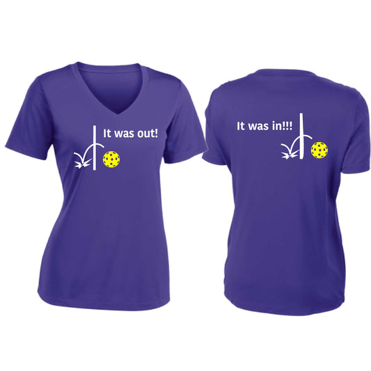 It Was Out! It Was In! (Pickleballs Red White Yellow) | Women's Short Sleeve V-Neck Pickleball T-Shirts | 100% Polyester