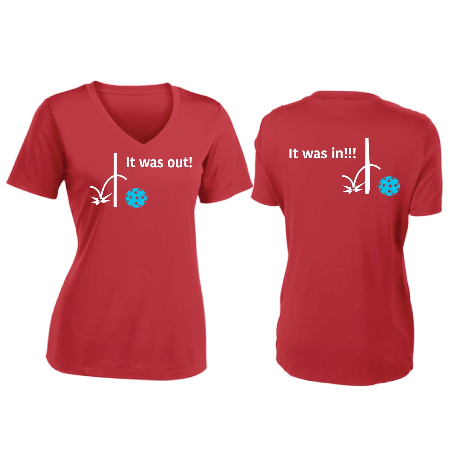 It Was Out! It Was In! (Pickleballs Cyan Green Orange) | Women's Short Sleeve V-Neck Pickleball T-Shirts | 100% Polyester