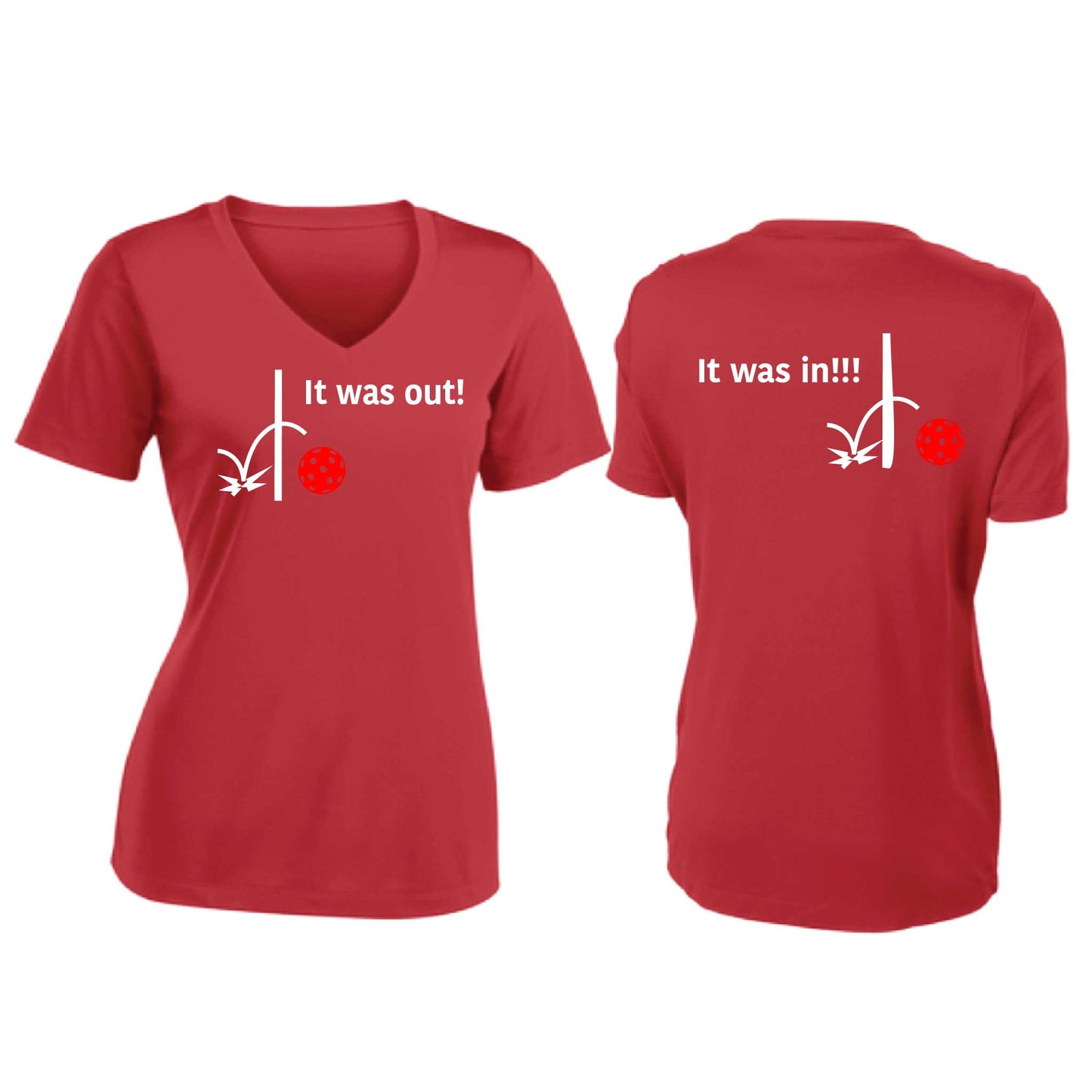 It Was Out! It Was In! (Pickleballs Red White Yellow) | Women's Short Sleeve V-Neck Pickleball T-Shirts | 100% Polyester