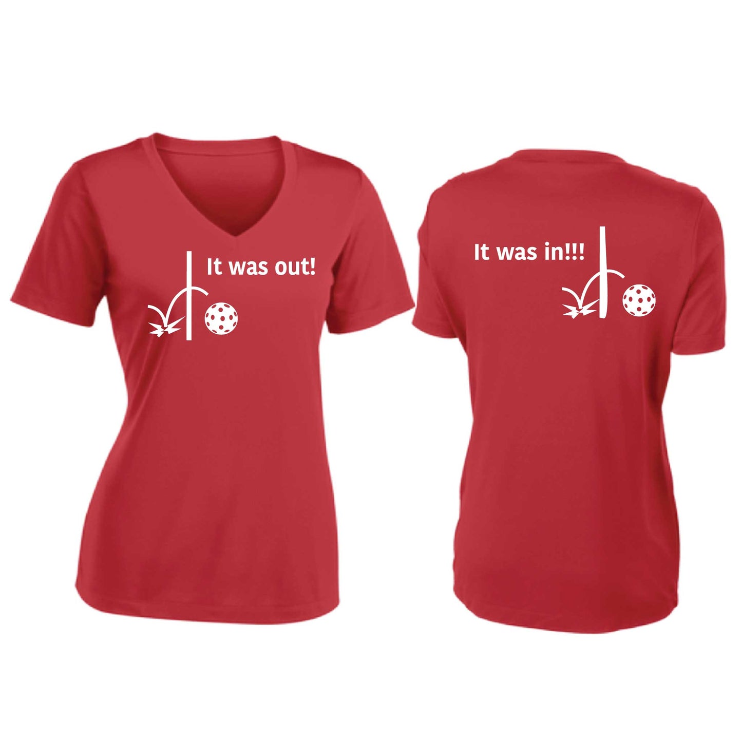 It Was Out! It Was In! (Pickleballs Red White Yellow) | Women's Short Sleeve V-Neck Pickleball T-Shirts | 100% Polyester