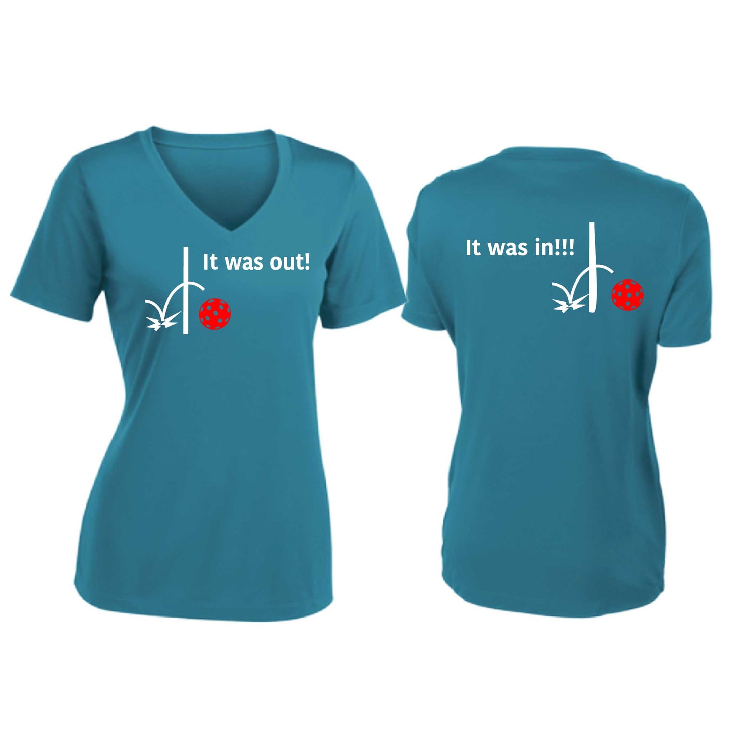 It Was Out! It Was In! (Pickleballs Red White Yellow) | Women's Short Sleeve V-Neck Pickleball T-Shirts | 100% Polyester