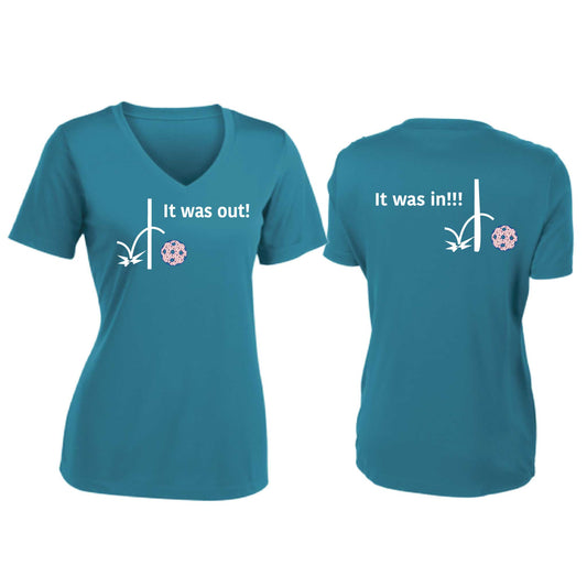 It Was Out! It Was In! (Pickleballs Patriotic Stars) | Women's Short Sleeve V-Neck Pickleball T-Shirts | 100% Polyester