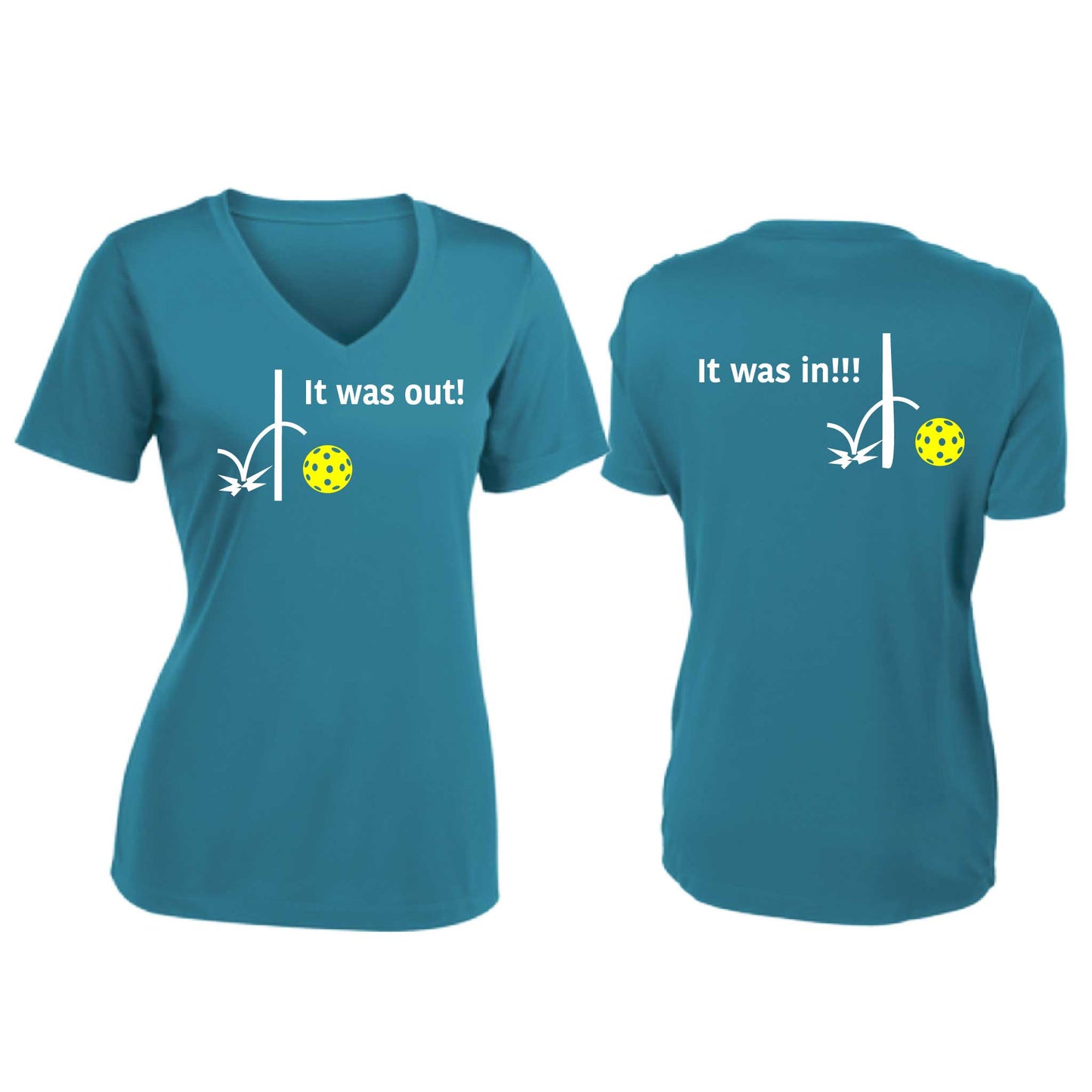 It Was Out! It Was In! (Pickleballs Red White Yellow) | Women's Short Sleeve V-Neck Pickleball T-Shirts | 100% Polyester