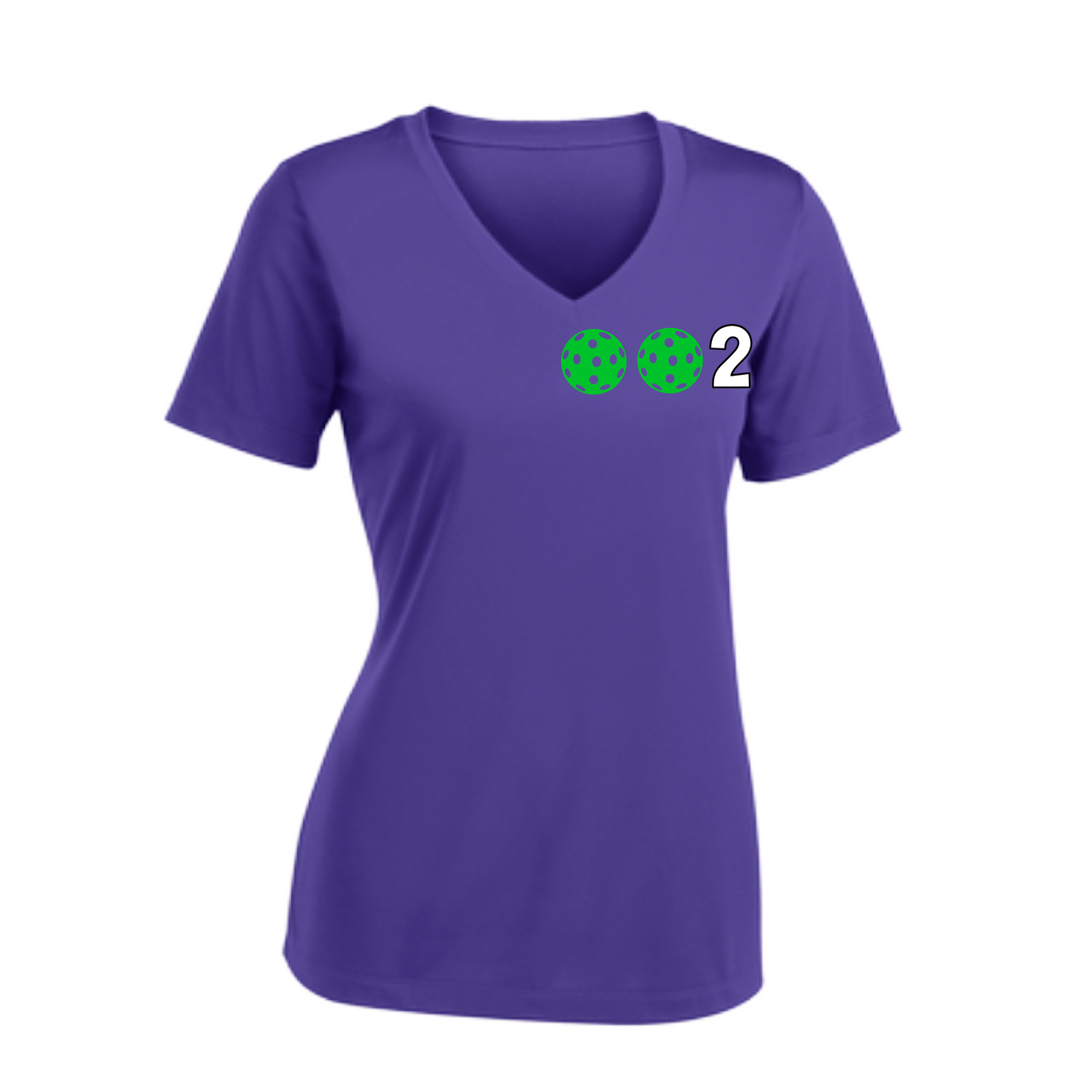 002 With Pickleballs (Colors Purple Green Orange) Customizable | Women's Short Sleeve V-Neck Pickleball Shirts | 100% Polyester