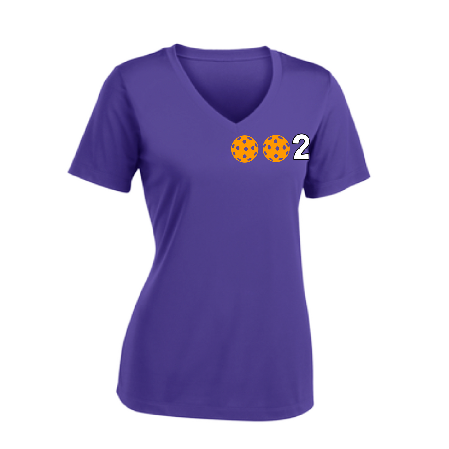 002 With Pickleballs (Colors Purple Green Orange) Customizable | Women's Short Sleeve V-Neck Pickleball Shirts | 100% Polyester