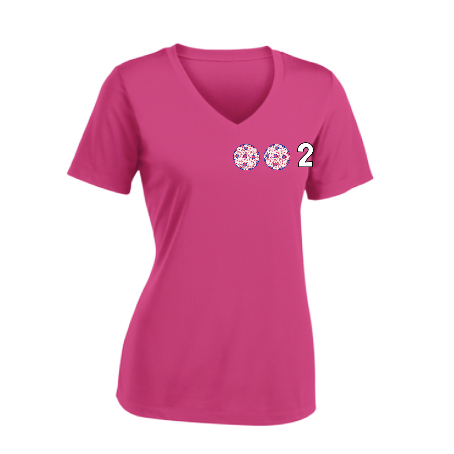 002 With Pickleballs (Colors Yellow Pink White) Customizable | Women's Short Sleeve V-Neck Pickleball Shirts | 100% Polyester