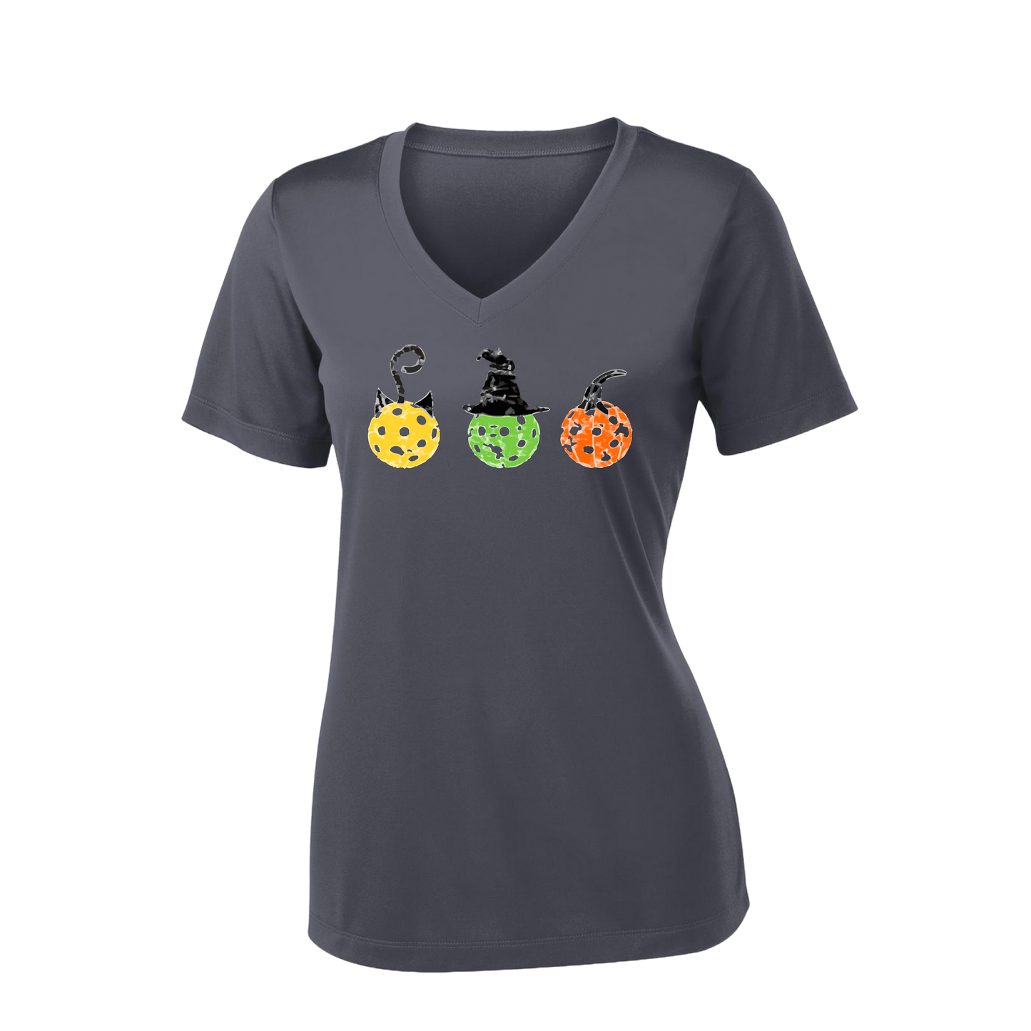 Cat Witch Pumpkin  | Women's Short Sleeve V-Neck Pickleball Shirts | 100% Polyester