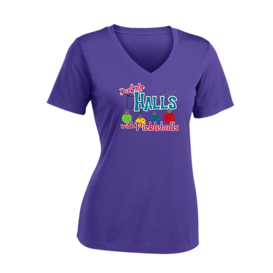 Deck the Halls with Pickleballs | Women's Short Sleeve V-Neck Pickleball Shirts | 100% Polyester