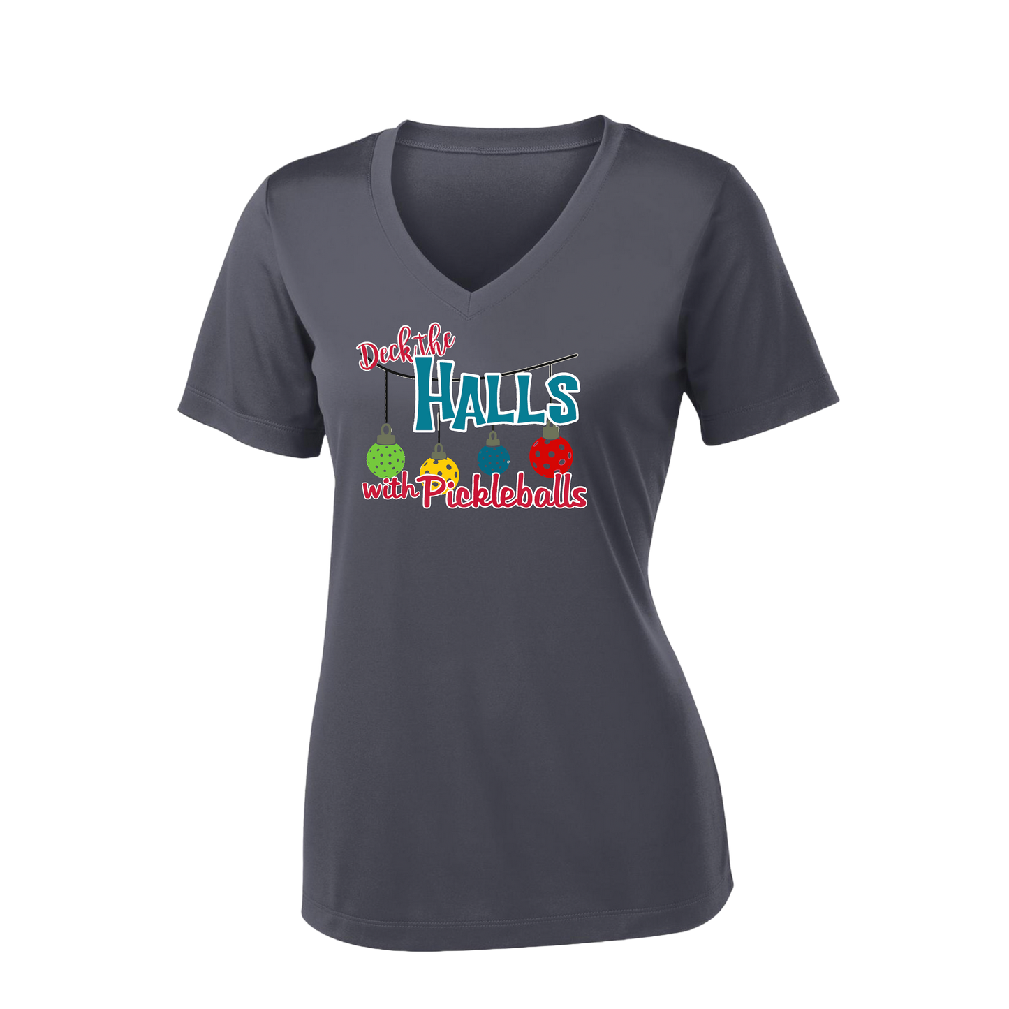 Deck the Halls with Pickleballs | Women's Short Sleeve V-Neck Pickleball Shirts | 100% Polyester