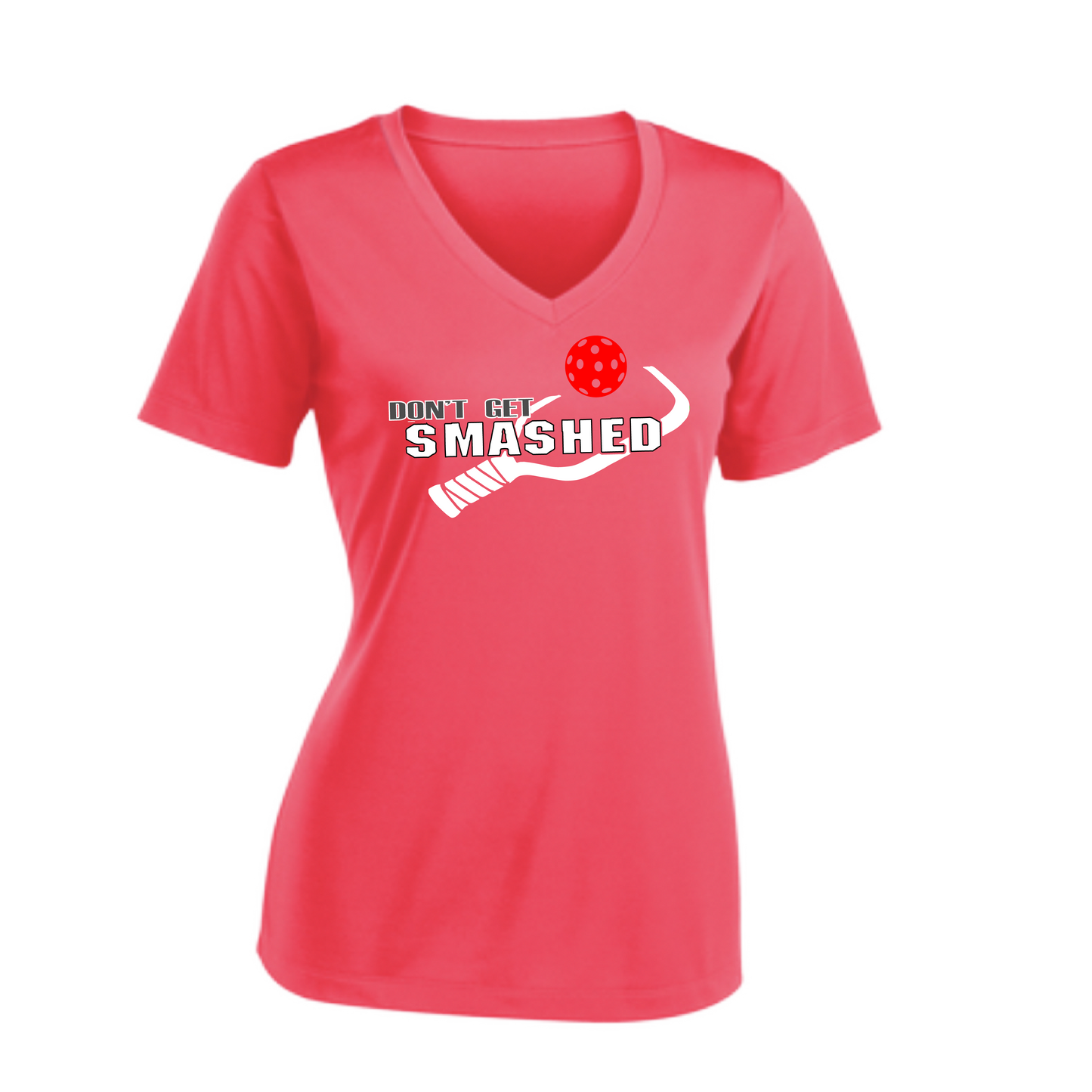 Don't Get Smashed Customizable Pickleballs (Red Green Rainbow) | Women's Short Sleeve V-Neck Pickleball Shirts | 100% Polyester