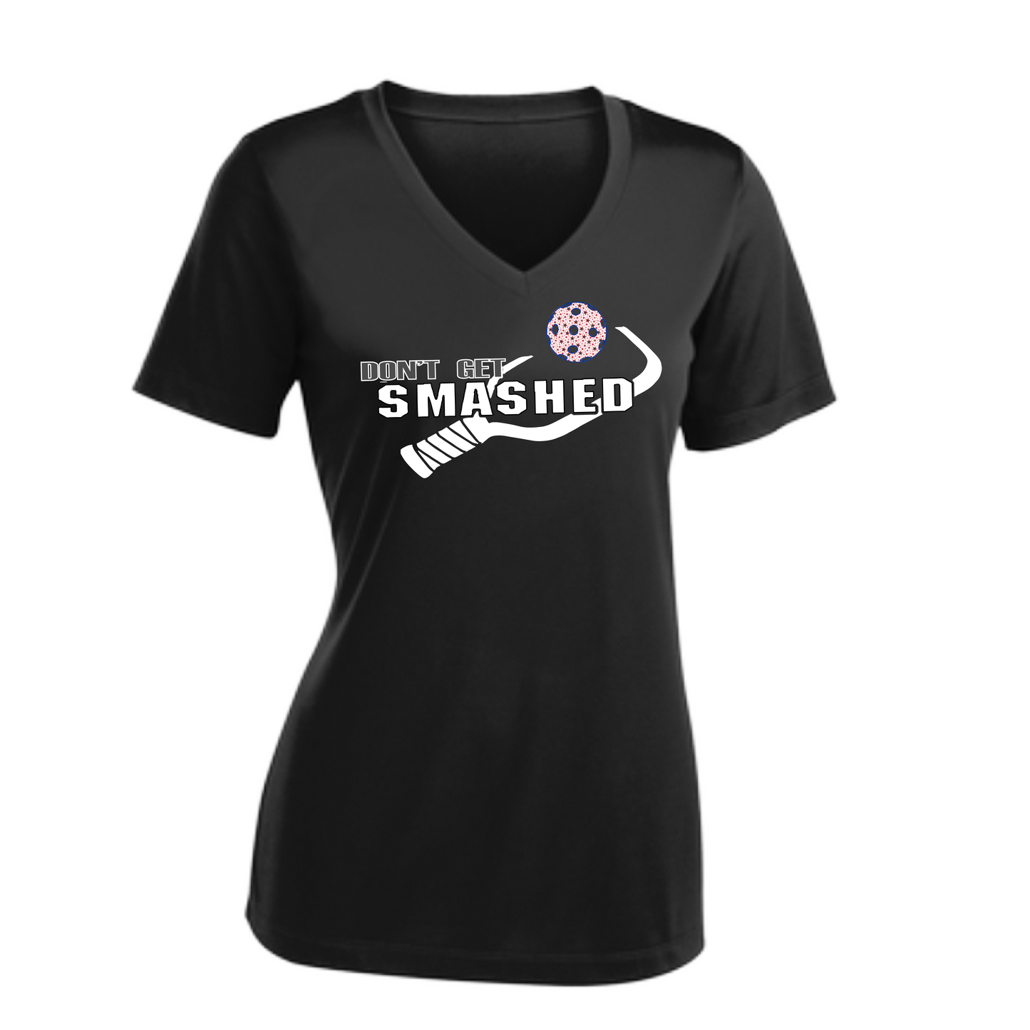 Don't Get Smashed Customizable Pickleballs (Patriotic Stars) | Women's Short Sleeve V-Neck Pickleball Shirts | 100% Polyester