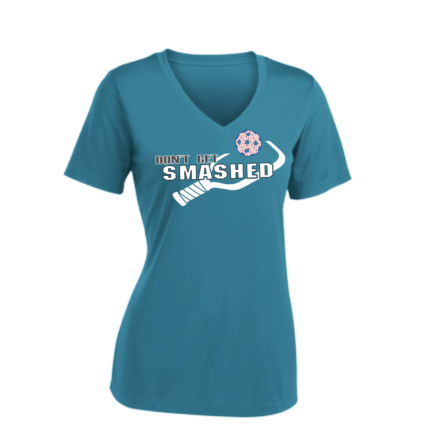 Don't Get Smashed Customizable Pickleballs (Patriotic Stars) | Women's Short Sleeve V-Neck Pickleball Shirts | 100% Polyester