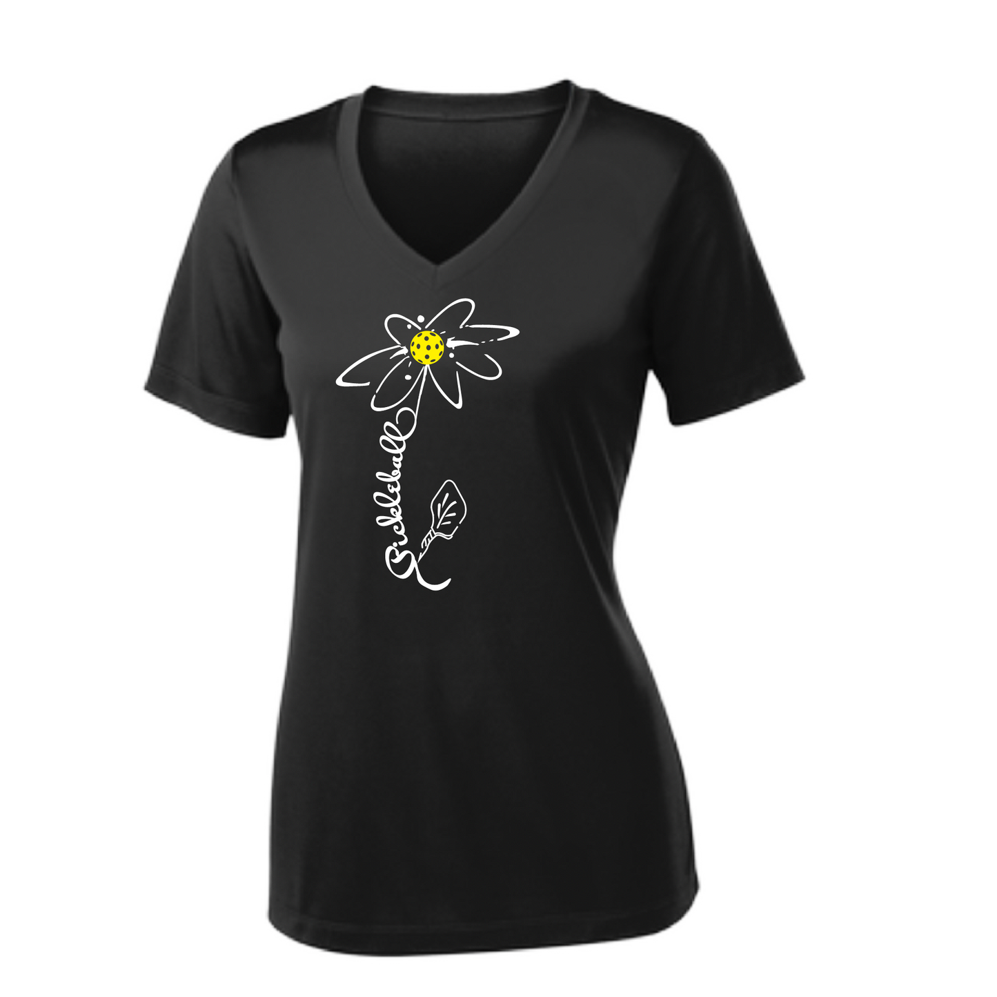 Pickleball Flower (White Yellow) | Women's Short Sleeve V-Neck Pickleball Shirts | 100% Polyester