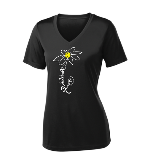 Pickleball Flower (White Yellow) | Women's Short Sleeve V-Neck Pickleball Shirts | 100% Polyester