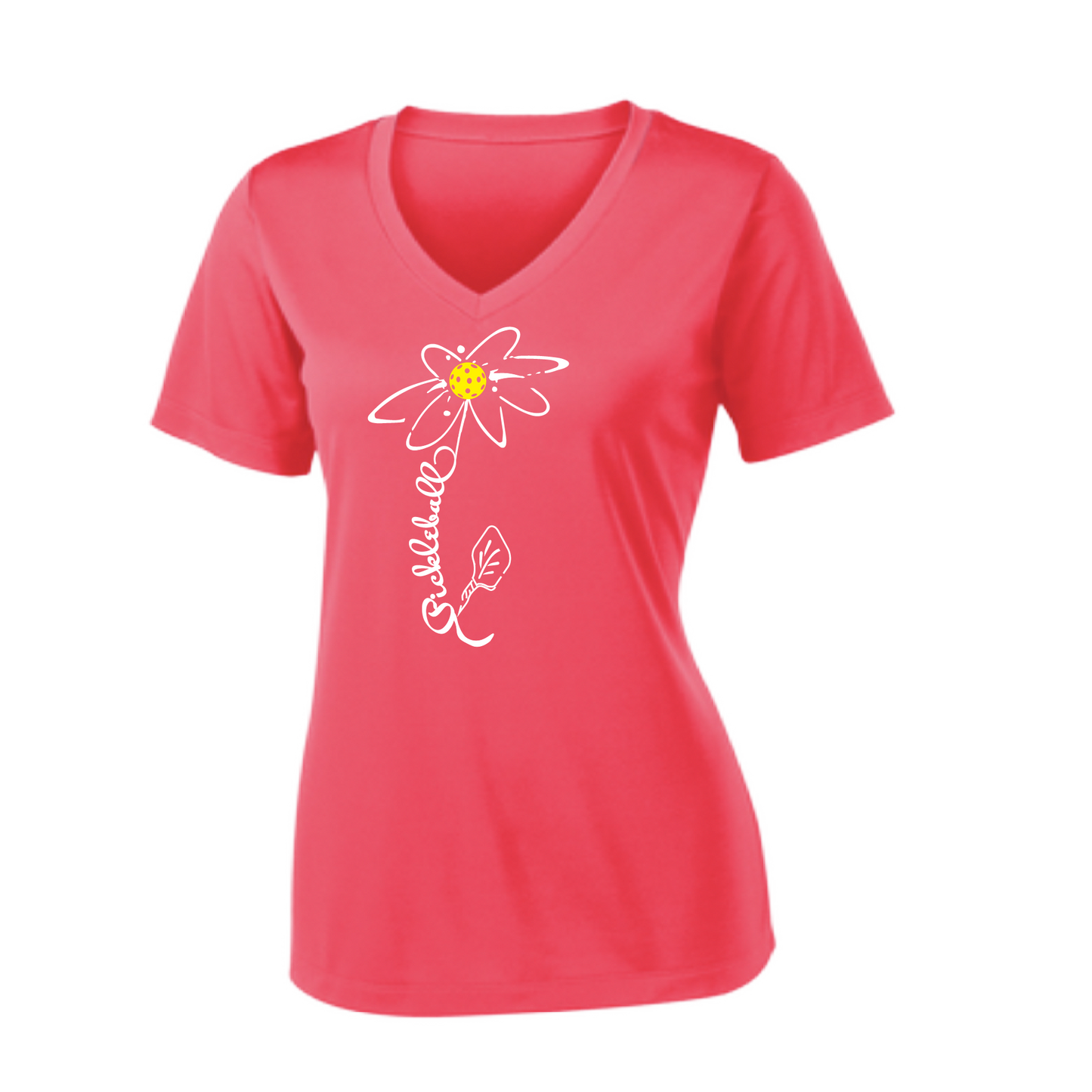 Pickleball Flower (Yellow) | Clearance Pink Raspberry Women's Short Sleeve V-Neck Pickleball Shirts | 100% Polyester