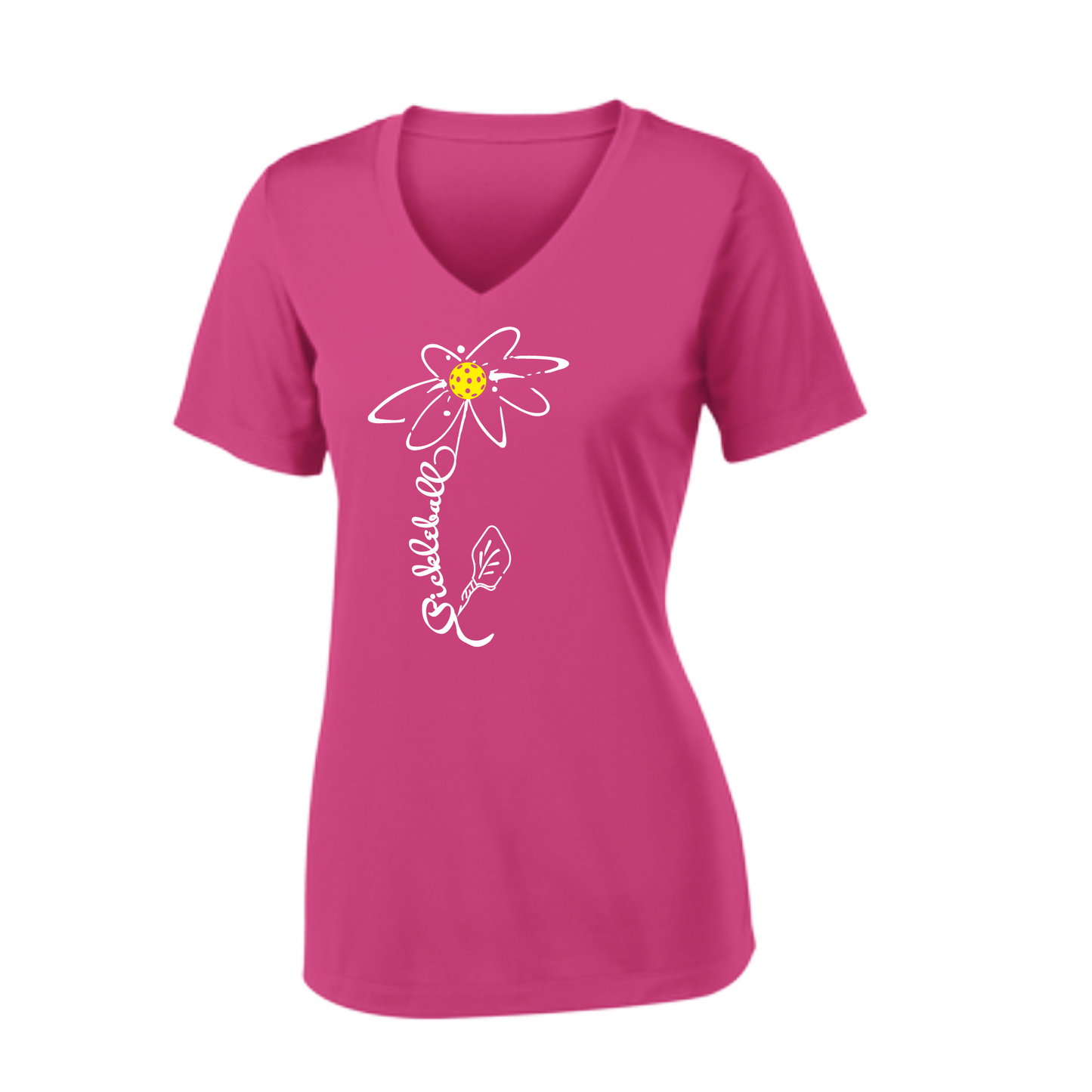 Pickleball Flower (Yellow) | Clearance Pink Raspberry Women's Short Sleeve V-Neck Pickleball Shirts | 100% Polyester