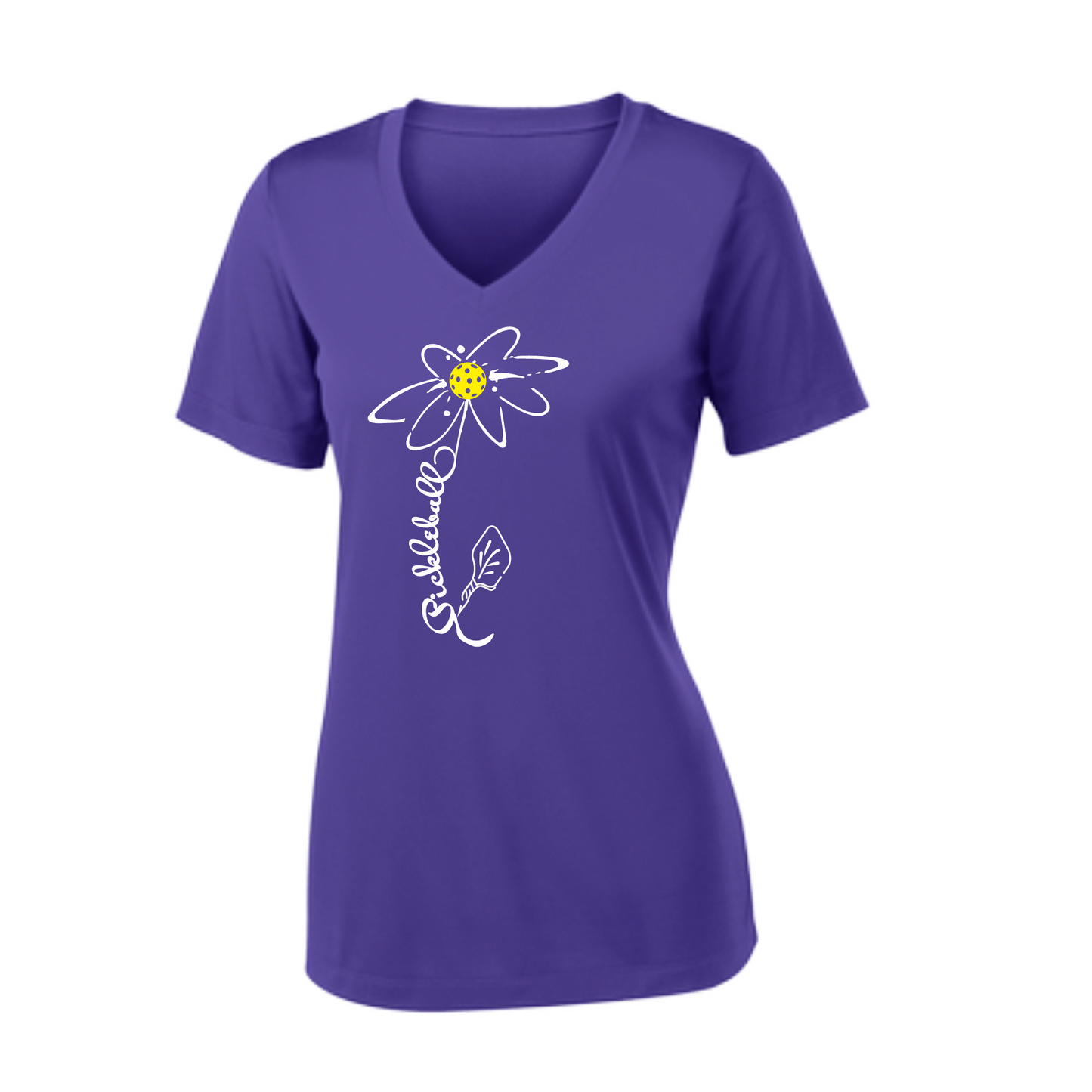 Pickleball Flower (White Yellow) | Women's Short Sleeve V-Neck Pickleball Shirts | 100% Polyester