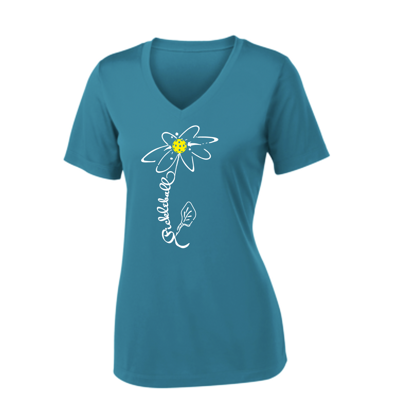 Pickleball Flower (White Yellow) | Women's Short Sleeve V-Neck Pickleball Shirts | 100% Polyester