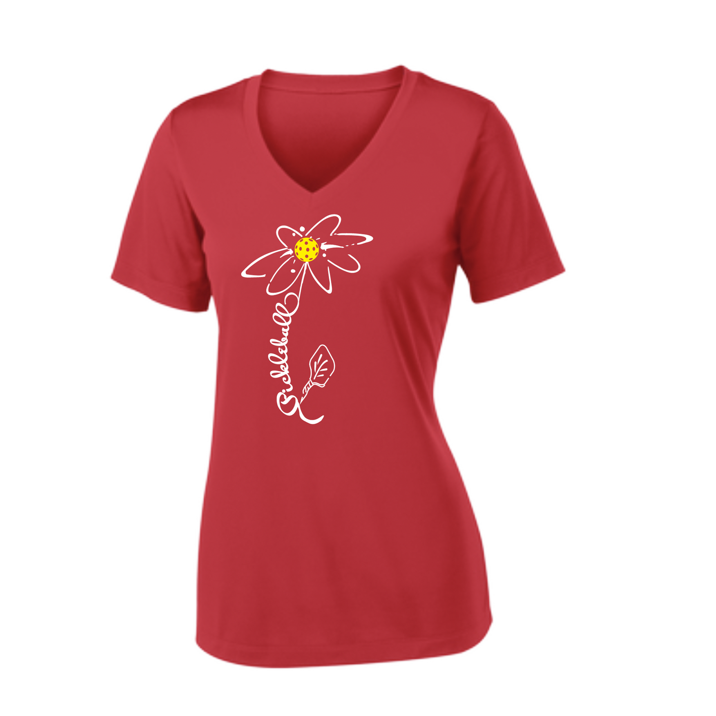 Pickleball Flower (White Yellow) | Women's Short Sleeve V-Neck Pickleball Shirts | 100% Polyester