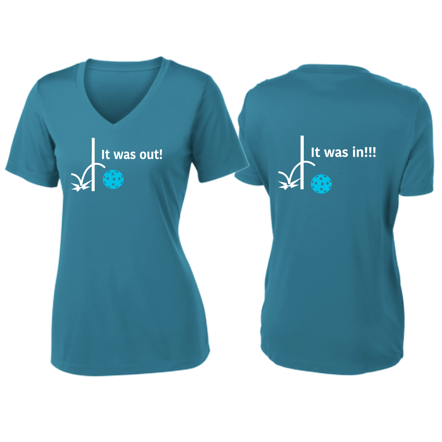 It Was Out! It Was In! (Pickleballs Cyan Green Orange) | Women's Short Sleeve V-Neck Pickleball Shirts | 100% Polyester