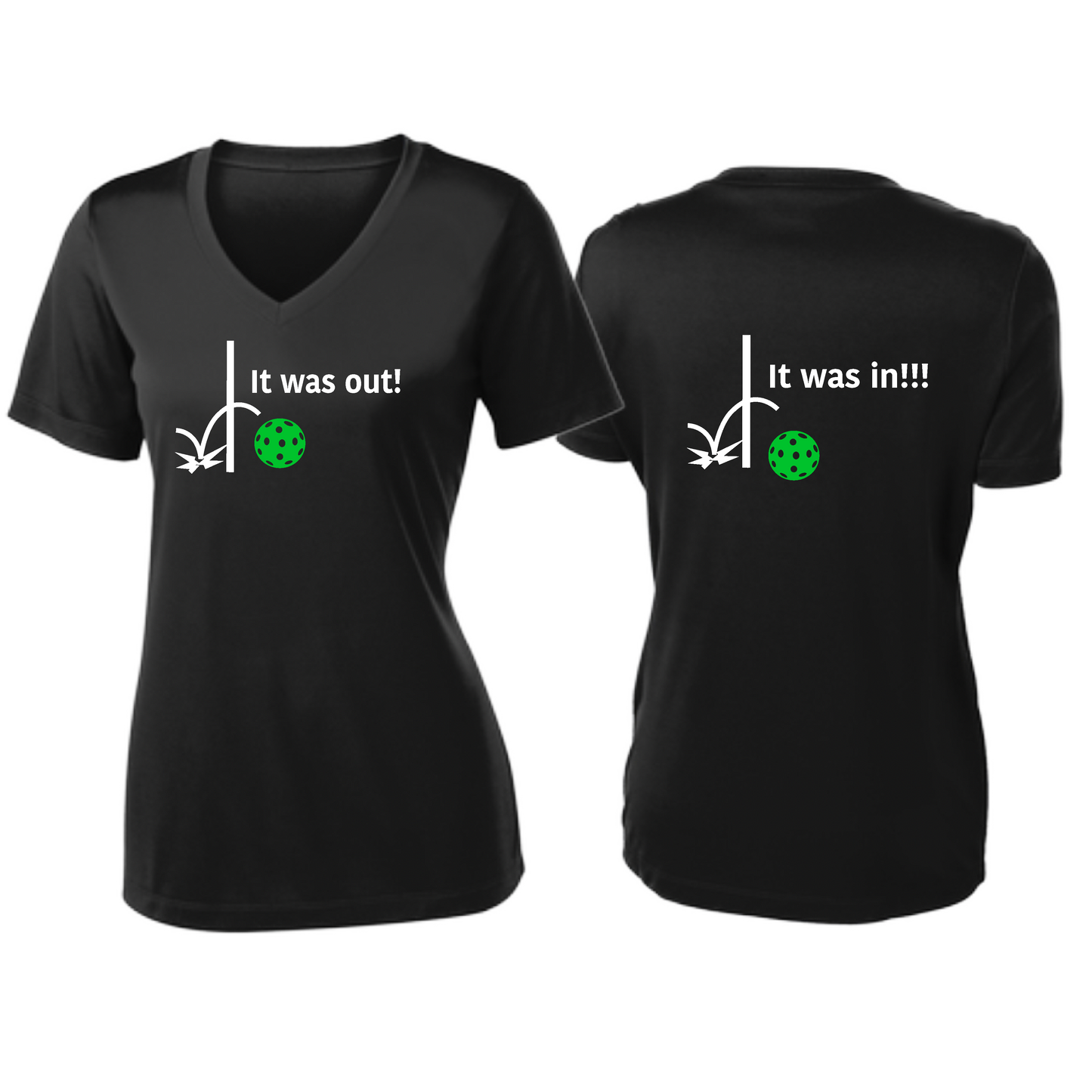 It Was Out! It Was In! (Pickleballs Cyan Green Orange) | Women's Short Sleeve V-Neck Pickleball Shirts | 100% Polyester