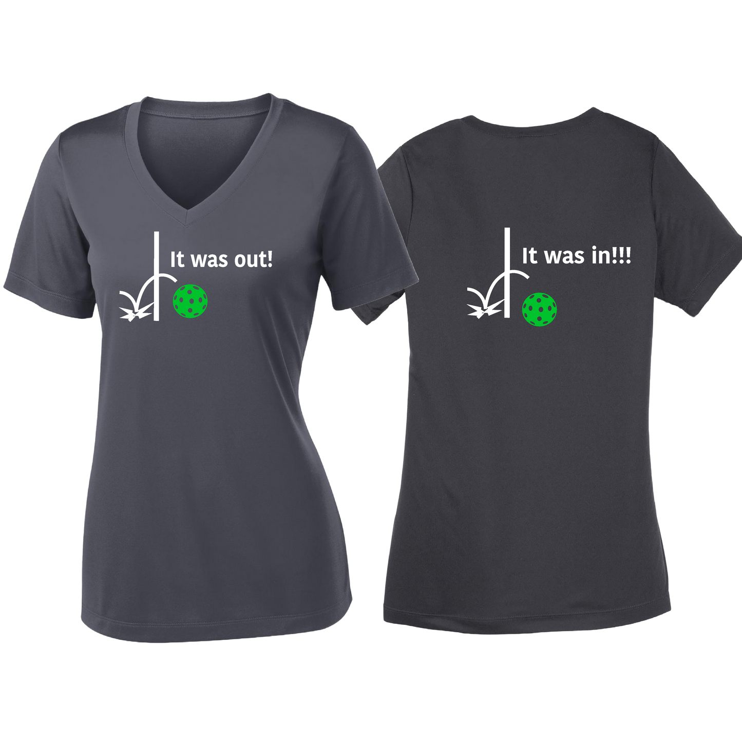 It Was Out! It Was In! (Pickleballs Cyan Green Orange) | Women's Short Sleeve V-Neck Pickleball Shirts | 100% Polyester