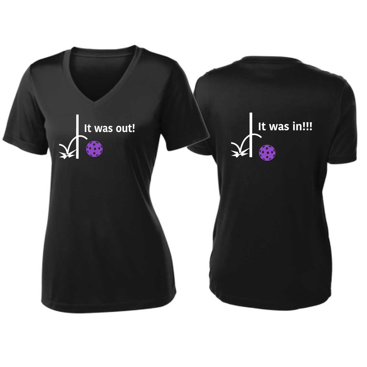 It Was Out! It Was In! (Pickleballs Pink Purple Rainbow) | Women's Short Sleeve V-Neck Pickleball Shirts | 100% Polyester