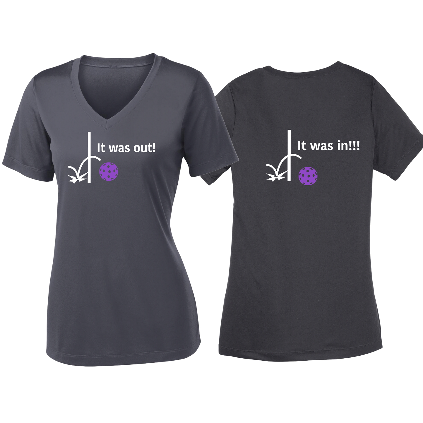 It Was Out! It Was In! (Pickleballs Pink Purple Rainbow) | Women's Short Sleeve V-Neck Pickleball Shirts | 100% Polyester