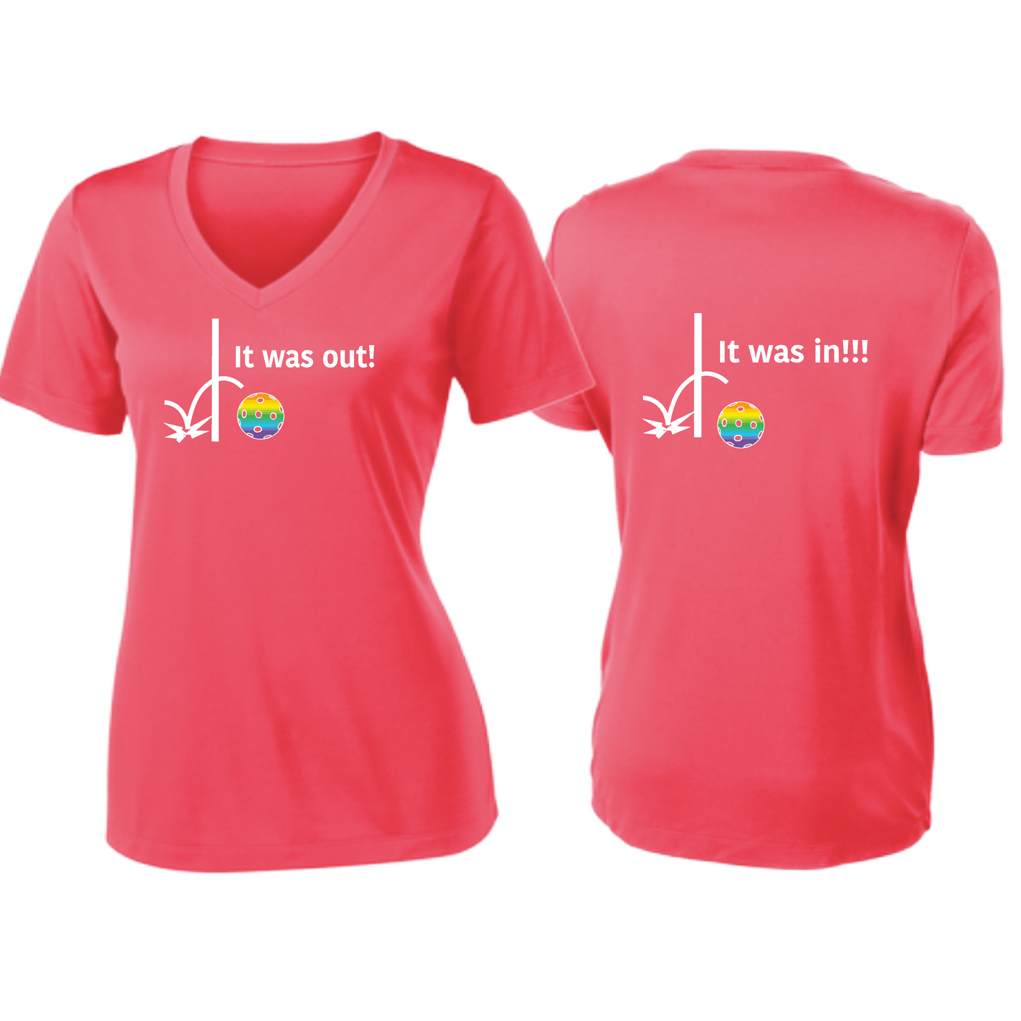 It Was Out! It Was In! (Pickleballs Pink Purple Rainbow) | Women's Short Sleeve V-Neck Pickleball Shirts | 100% Polyester