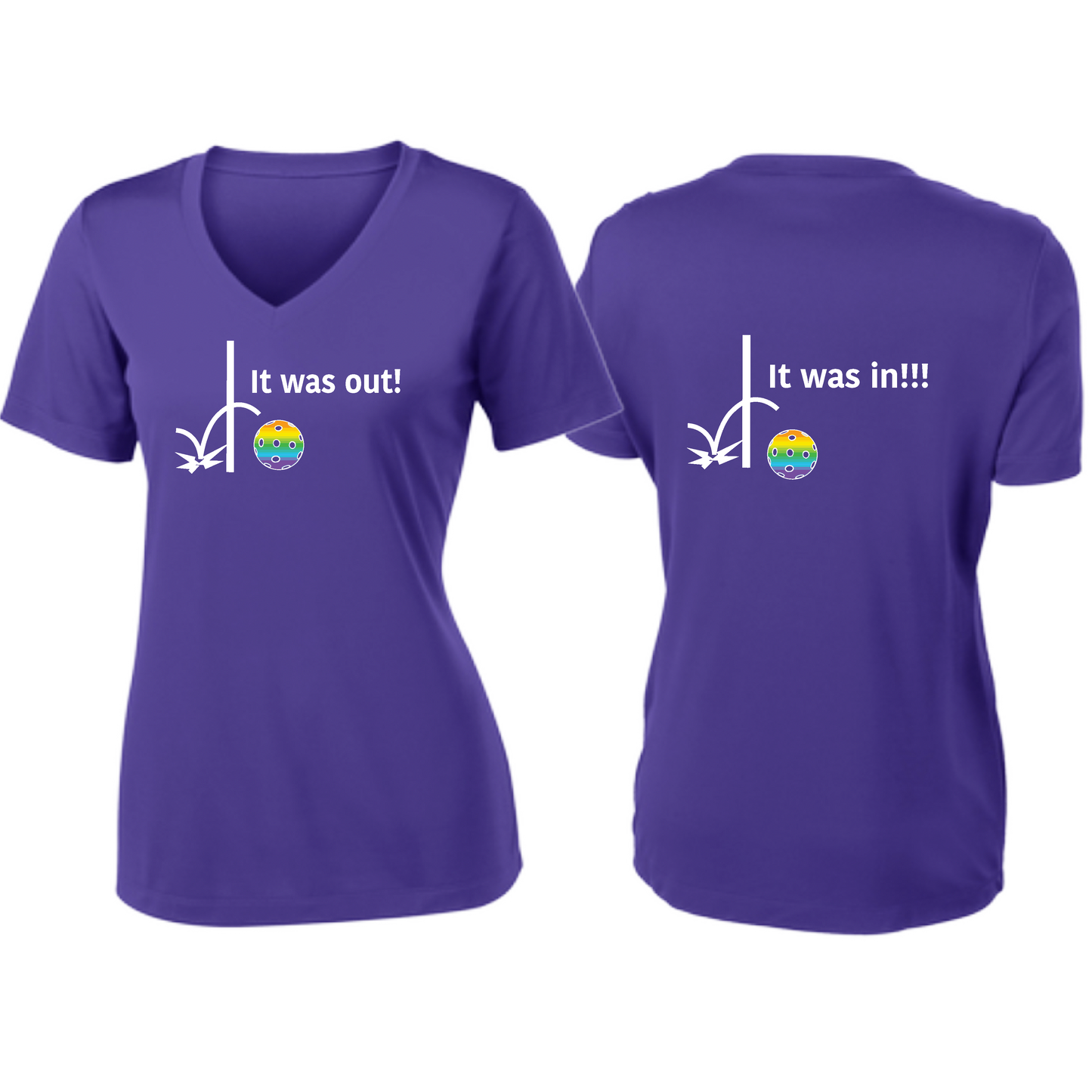 It Was Out! It Was In! (Pickleballs Pink Purple Rainbow) | Women's Short Sleeve V-Neck Pickleball Shirts | 100% Polyester