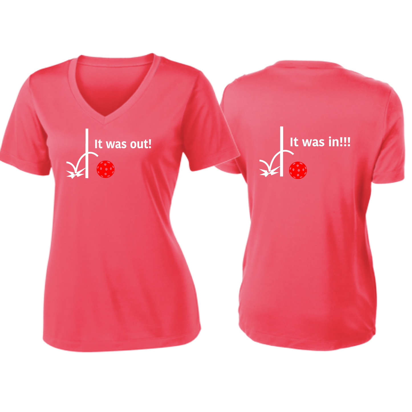 It Was Out! It Was In! (Pickleballs Red White Yellow) | Women's Short Sleeve V-Neck Pickleball Shirts | 100% Polyester