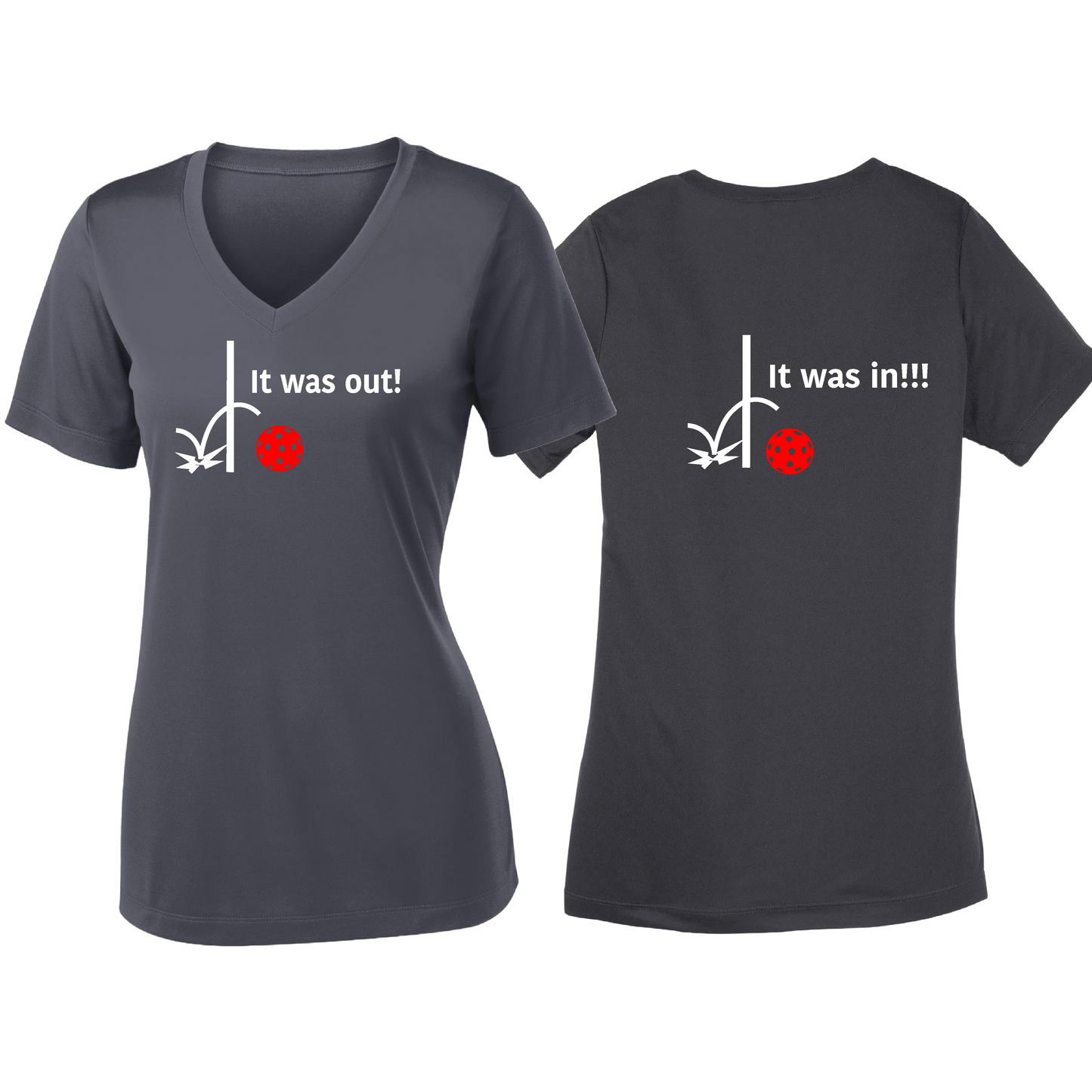 It Was Out! It Was In! (Pickleballs Red White Yellow) | Women's Short Sleeve V-Neck Pickleball Shirts | 100% Polyester