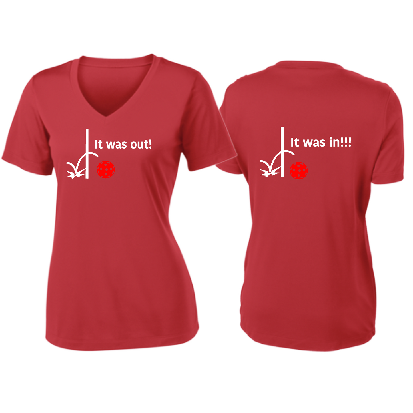 It Was Out! It Was In! (Pickleballs Red White Yellow) | Women's Short Sleeve V-Neck Pickleball Shirts | 100% Polyester