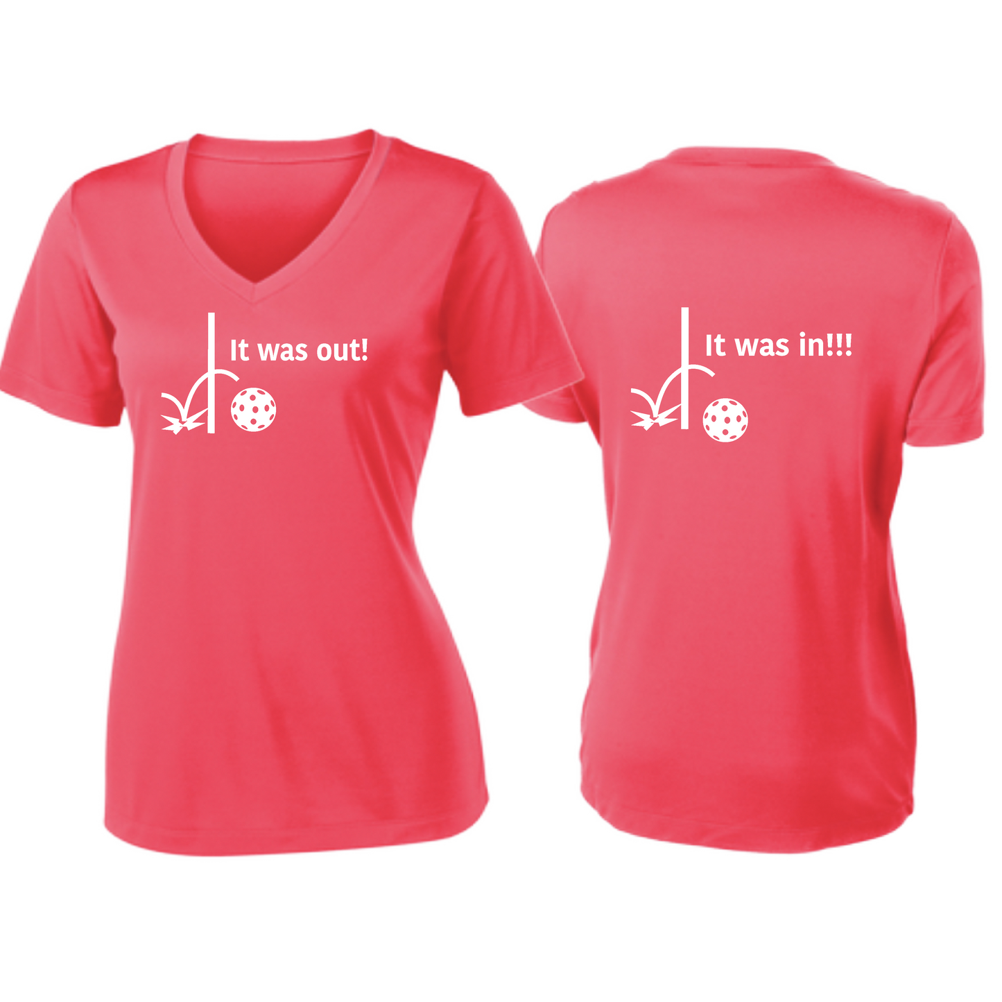 It Was Out! It Was In! (Pickleballs Red White Yellow) | Women's Short Sleeve V-Neck Pickleball Shirts | 100% Polyester