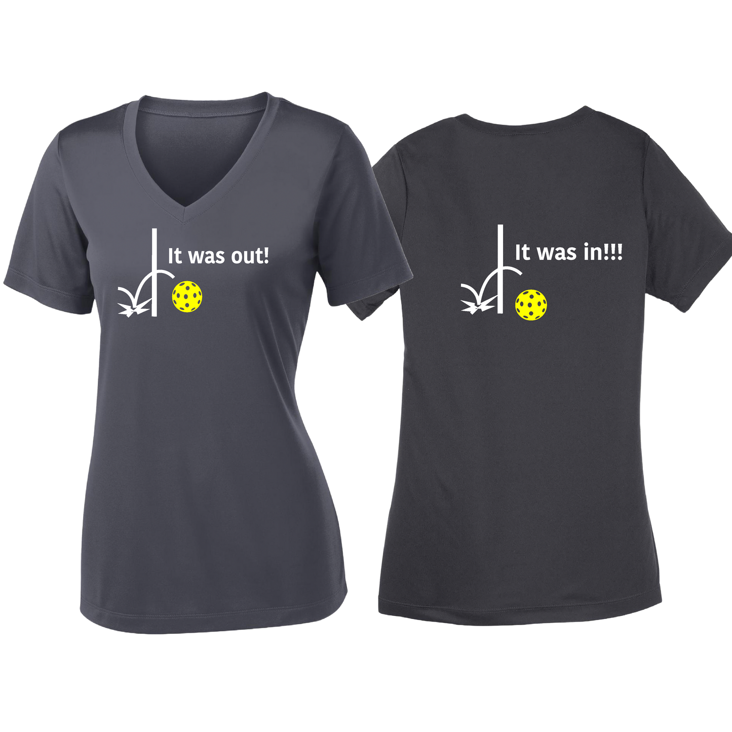 It Was Out! It Was In! (Pickleballs Red White Yellow) | Women's Short Sleeve V-Neck Pickleball Shirts | 100% Polyester