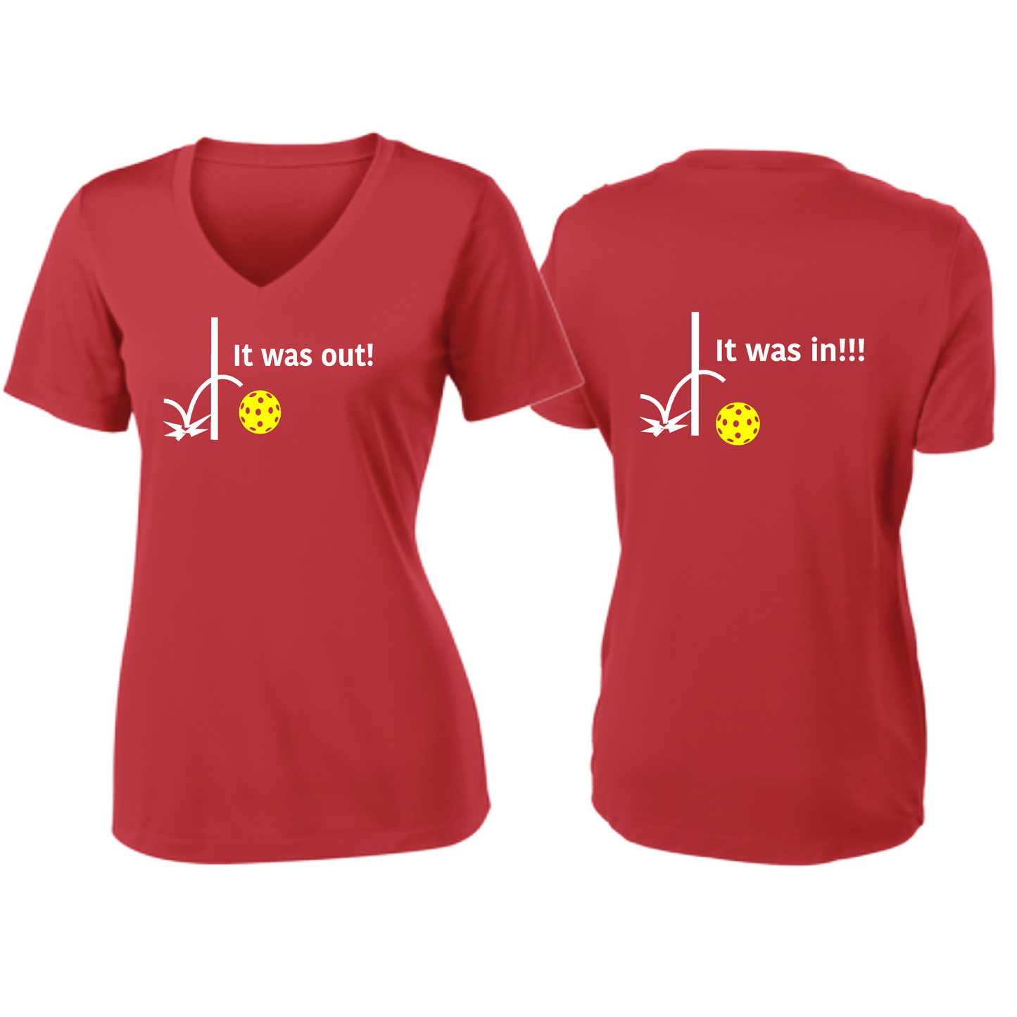 It Was Out! It Was In! (Pickleballs Red White Yellow) | Women's Short Sleeve V-Neck Pickleball Shirts | 100% Polyester