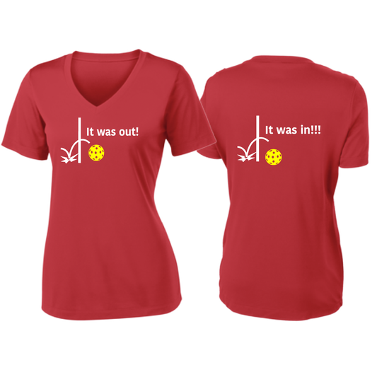 It Was Out! It Was In! (Pickleballs Red White Yellow) | Women's Short Sleeve V-Neck Pickleball Shirts | 100% Polyester