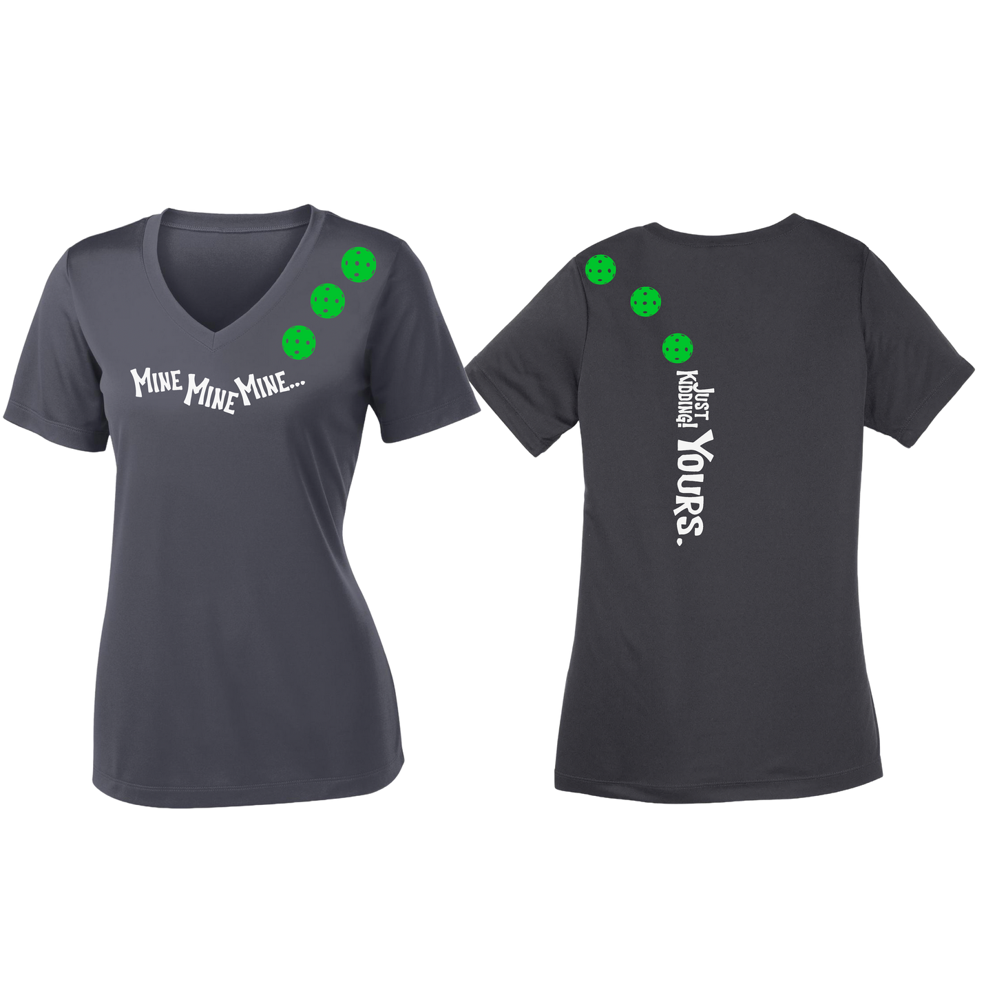 Mine JK Yours (Pickleballs Cyan Green Orange) | Women's Short Sleeve V-Neck Pickleball Shirts | 100% Polyester