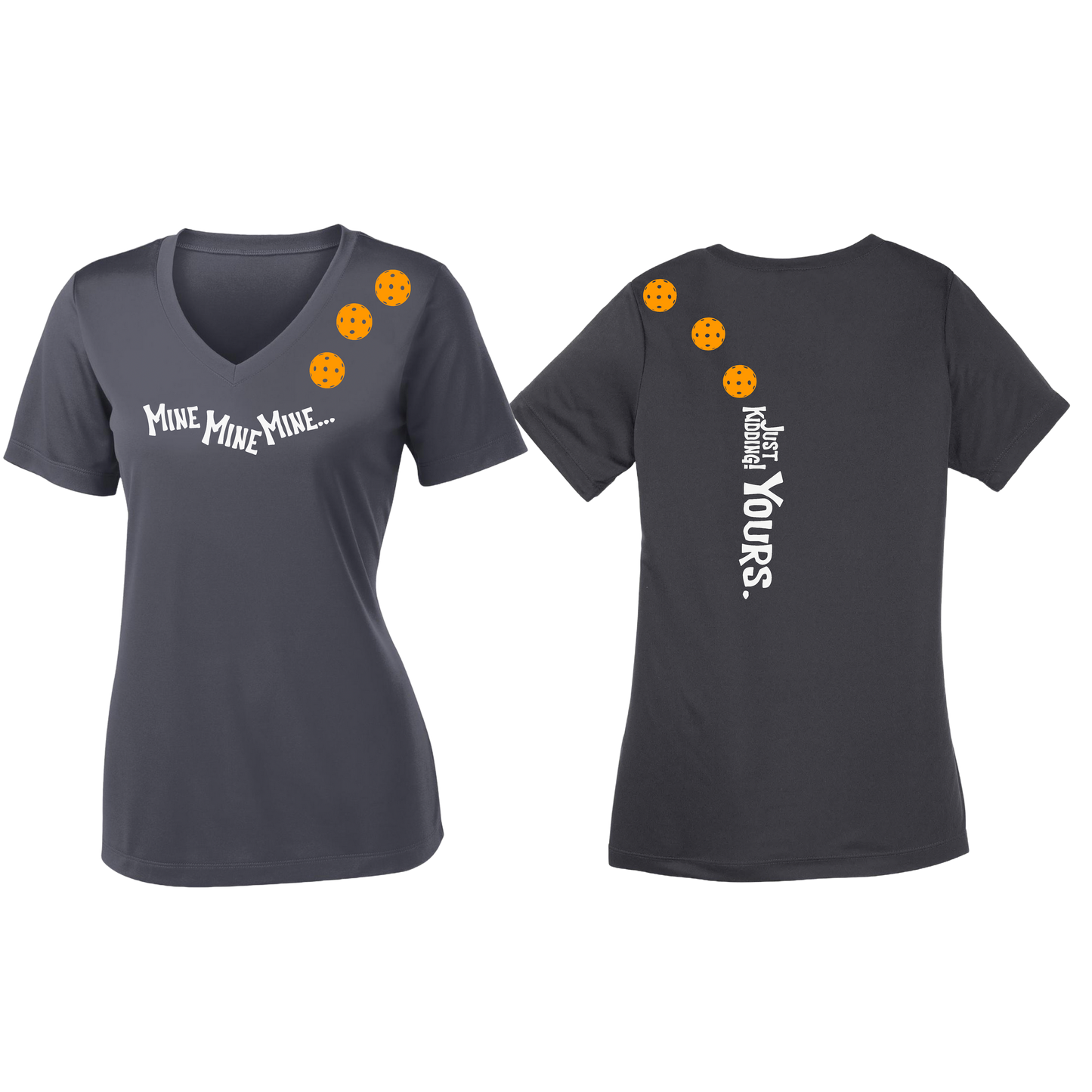 Mine JK Yours (Pickleballs Cyan Green Orange) | Women's Short Sleeve V-Neck Pickleball Shirts | 100% Polyester