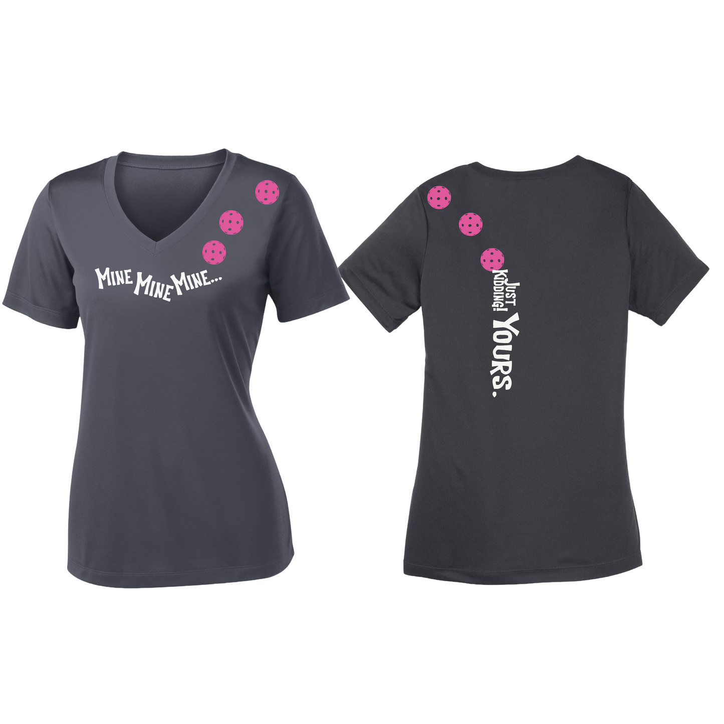 Mine JK Yours (Pickleballs Pink Purple Rainbow) | Women's Short Sleeve V-Neck Pickleball Shirts | 100% Polyester